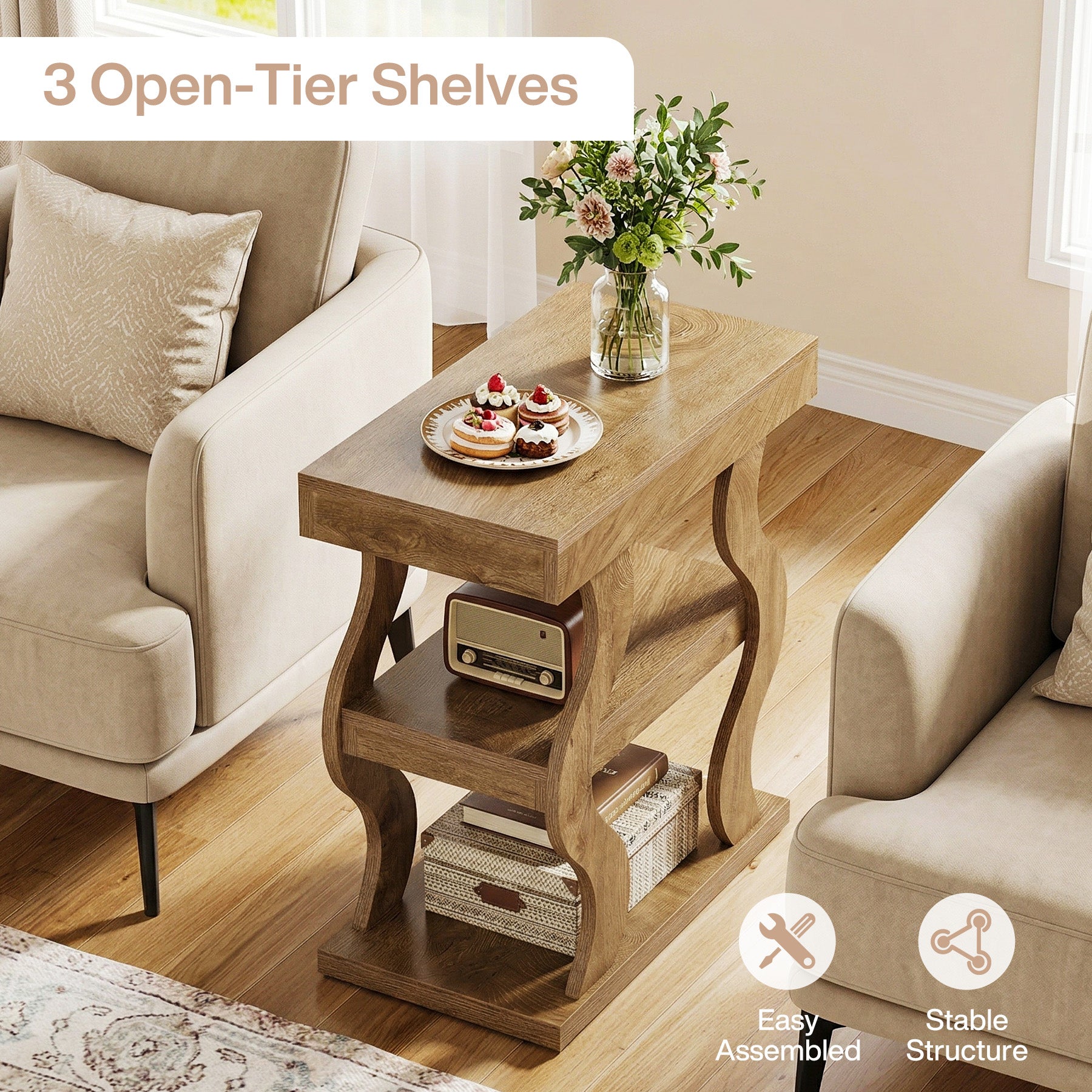 Tribesigns 3-Tier Wooden side Table, Skinny Small Nightstand for Living Room with Storage Shelf