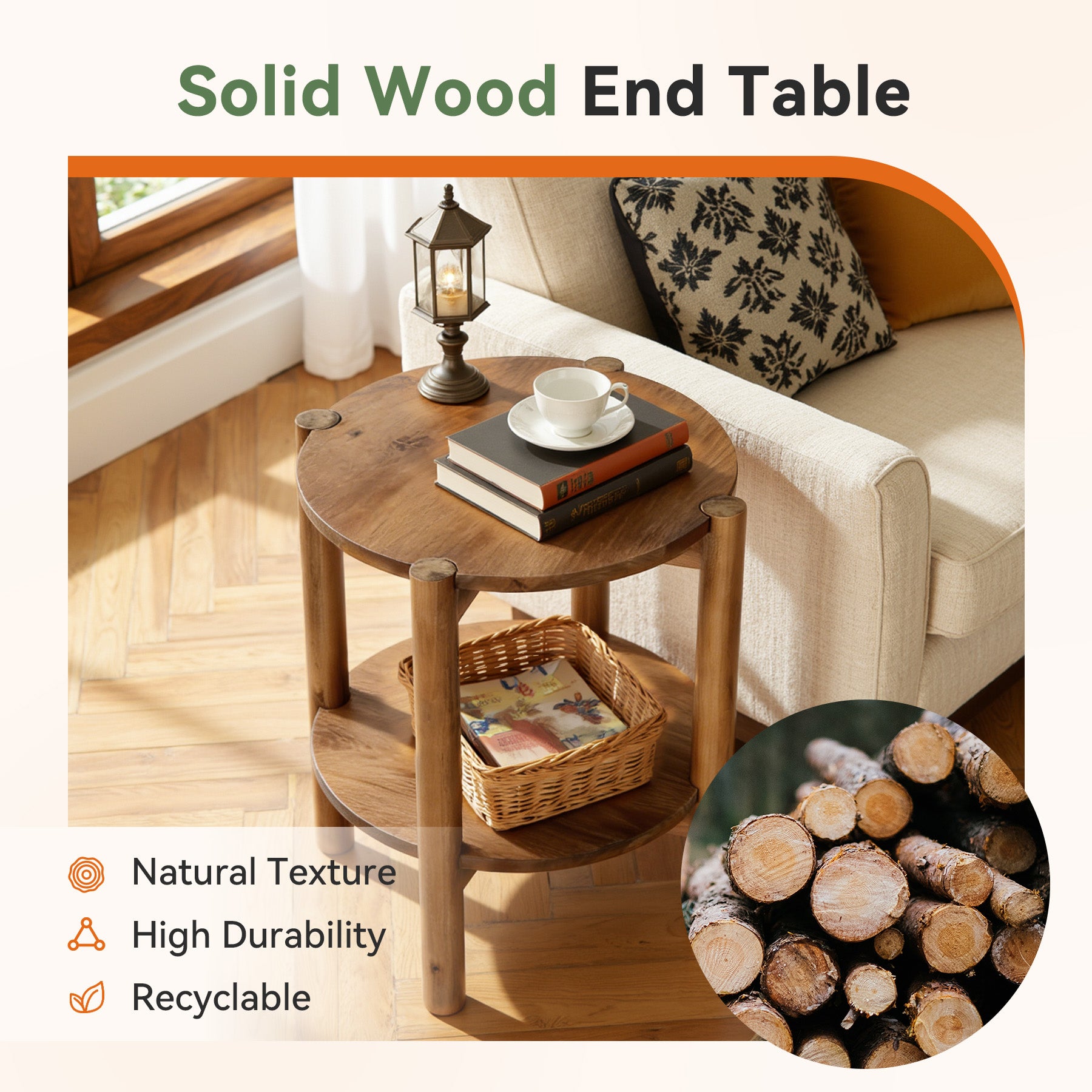 Solid Wood Round End Table, 2-Tier Small Side Table with Storage Shelf