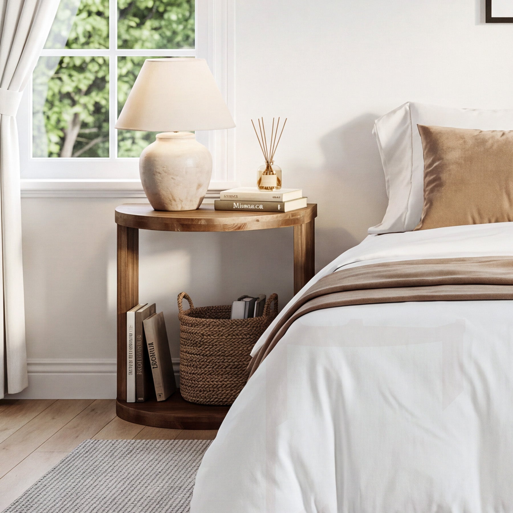 Half Moon Nightstand, Solid Wood Farmhouse Bedside Table with 2-Tier Storage Shelves, Bedroom Living Room