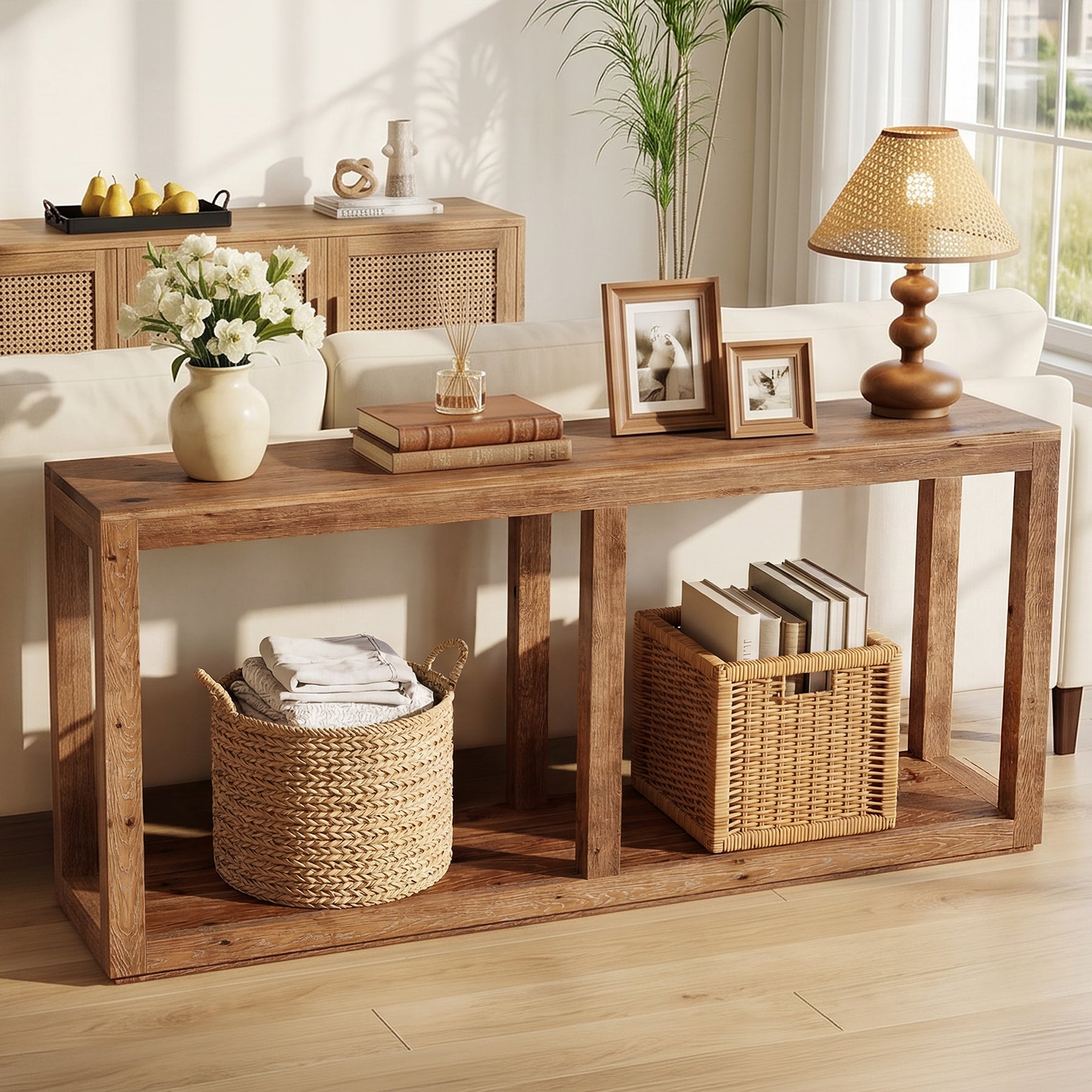 70.9" Solid Wood Console Table, 2-Tier Farmhouse Entryway Sofa Table Behind Couch