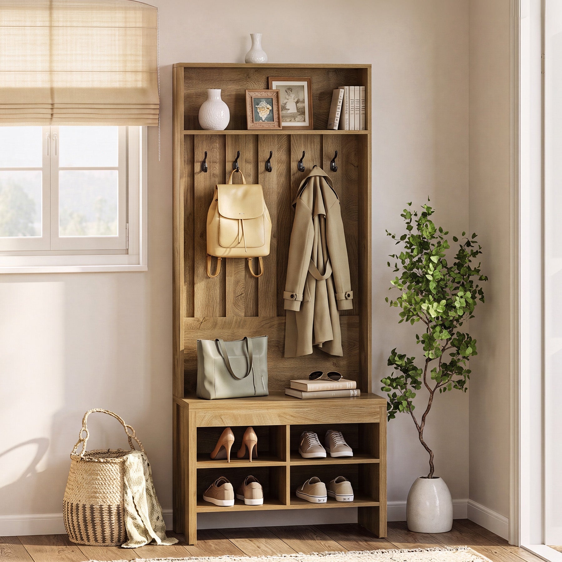 70.8" Tall Hall Tree, Entryway Organizer with Bench & 5 Hooks