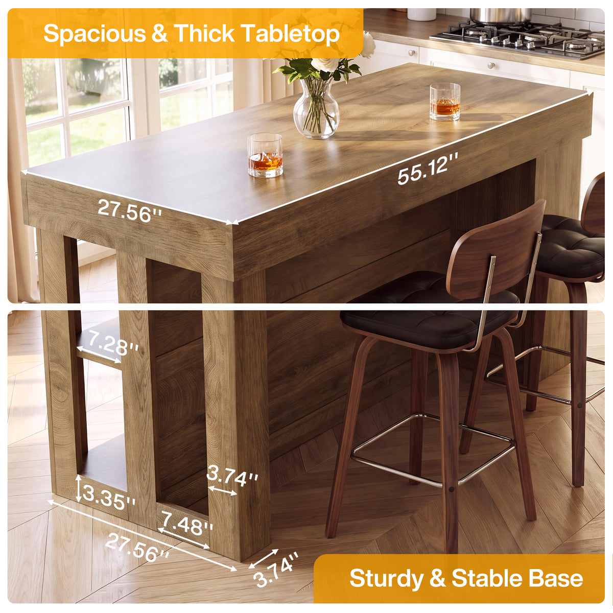 55" Kitchen Island with Storage Cabinet and Shelves, Farmhouse Bar Table for Kitchen