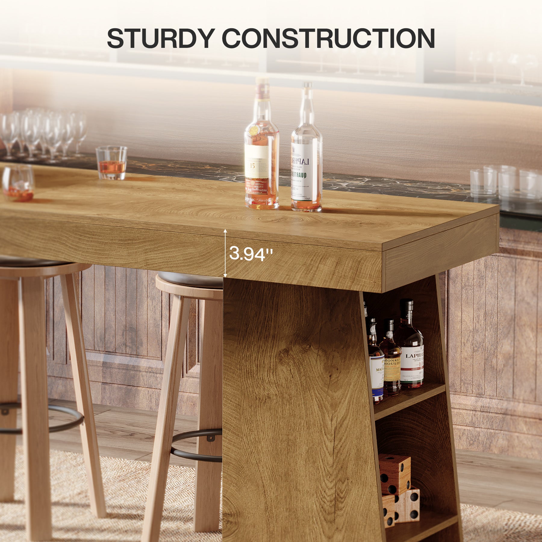 63" Bar Table, Counter Height Pub Cocktail Table with Storage Shelves