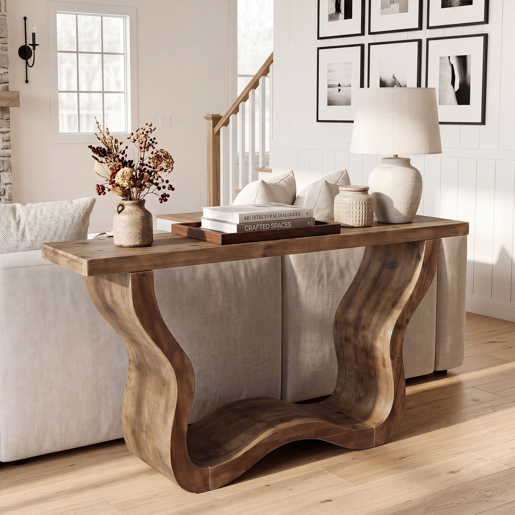 55" Solid Wood Farmhouse Console Table, Artistic Entryway Sofa Table for Hallway & Living Room