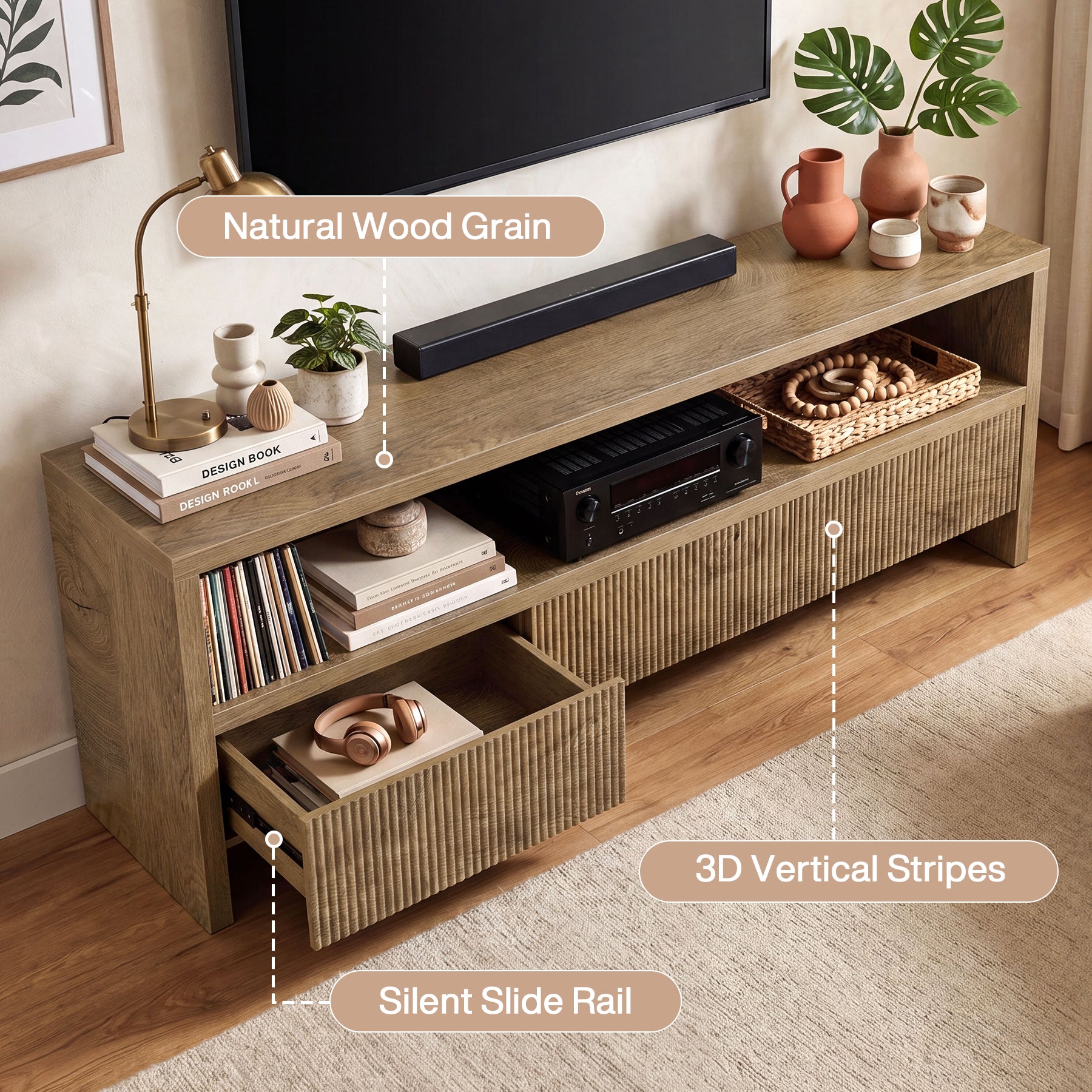 Tribesigns 63-Inch TV Stand with 3 Drawers and Open Shelves, Farmhouse Media Console for Living Room