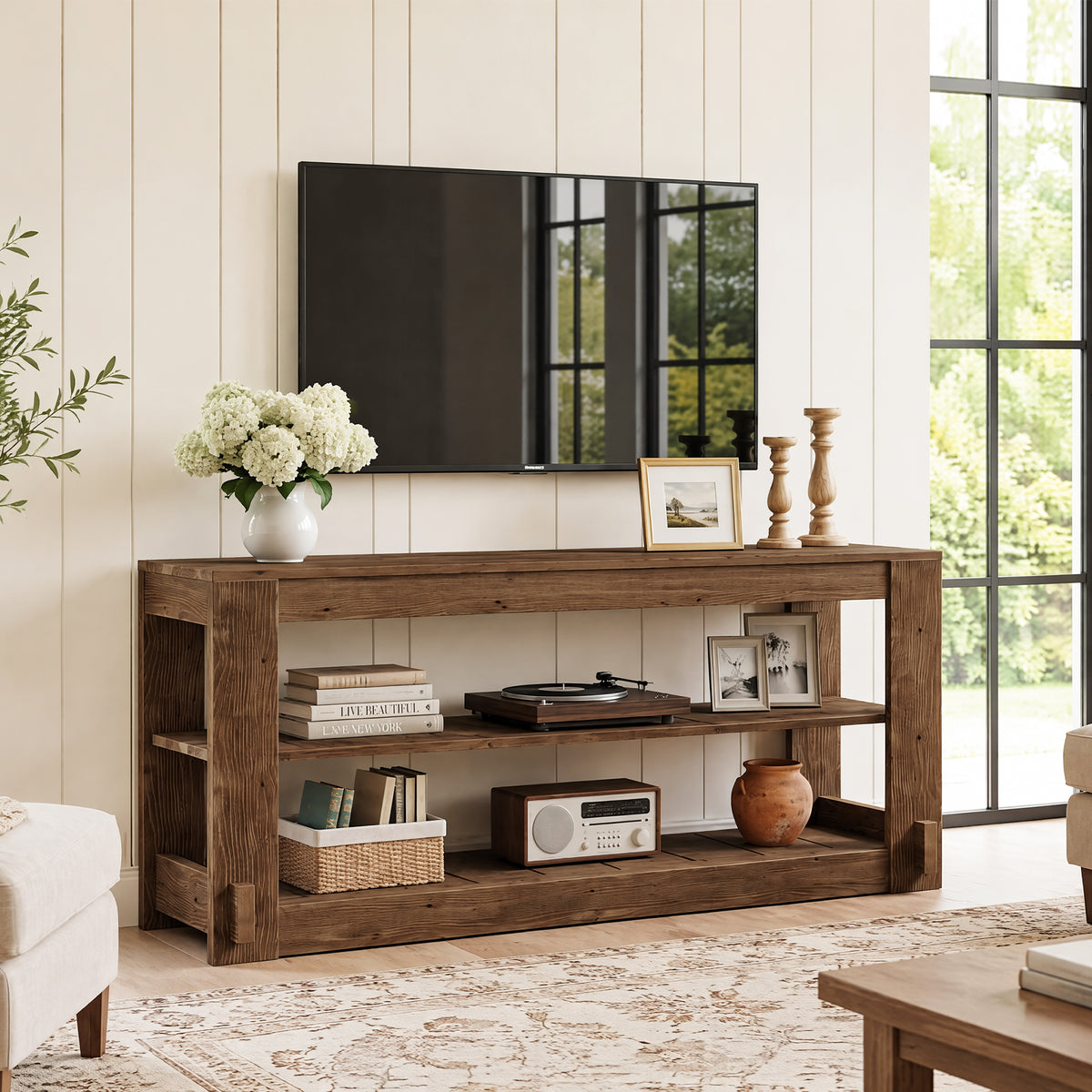 63" Solid Wood TV Stand, 3-Tier Media Entertainment Center for Living Room