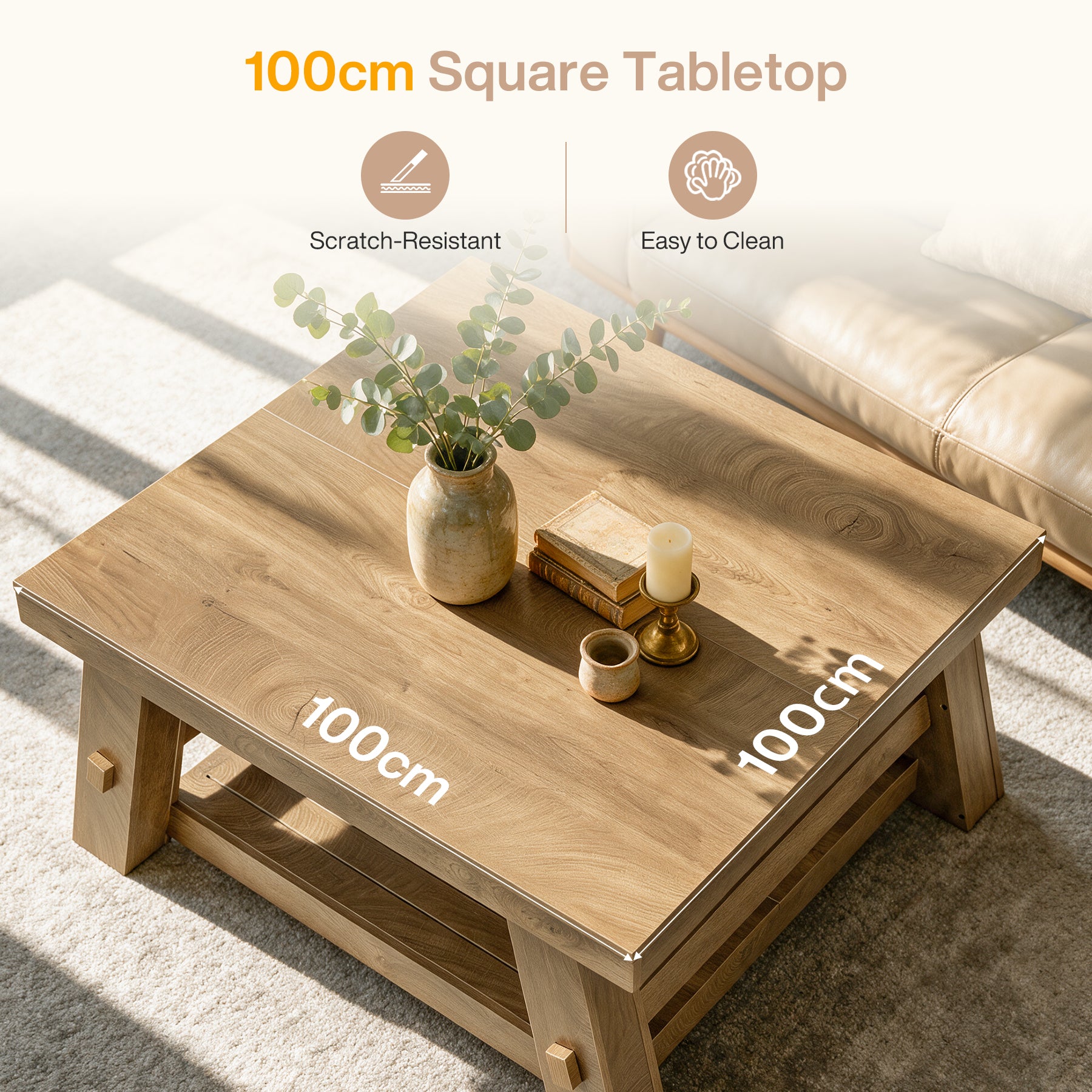 39" Square Coffee Table, 2-Tier Slatted Storage Shelf, Farmhouse Living Room