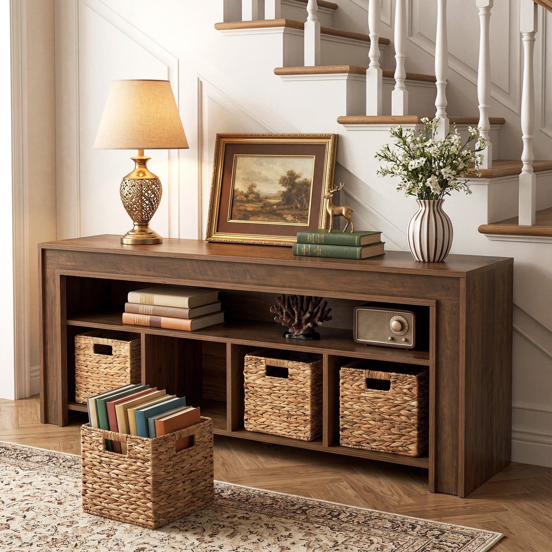 63" Farmhouse TV Stand for 55–70 Inch TVs, Media Console with Baskets & Open Storage