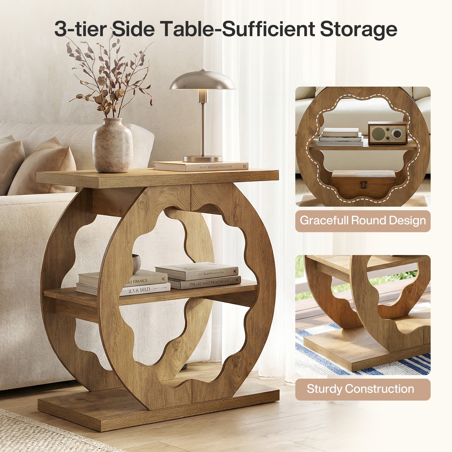 3-Tier End Table with Storage Shelves, Narrow Side Table for Living Room