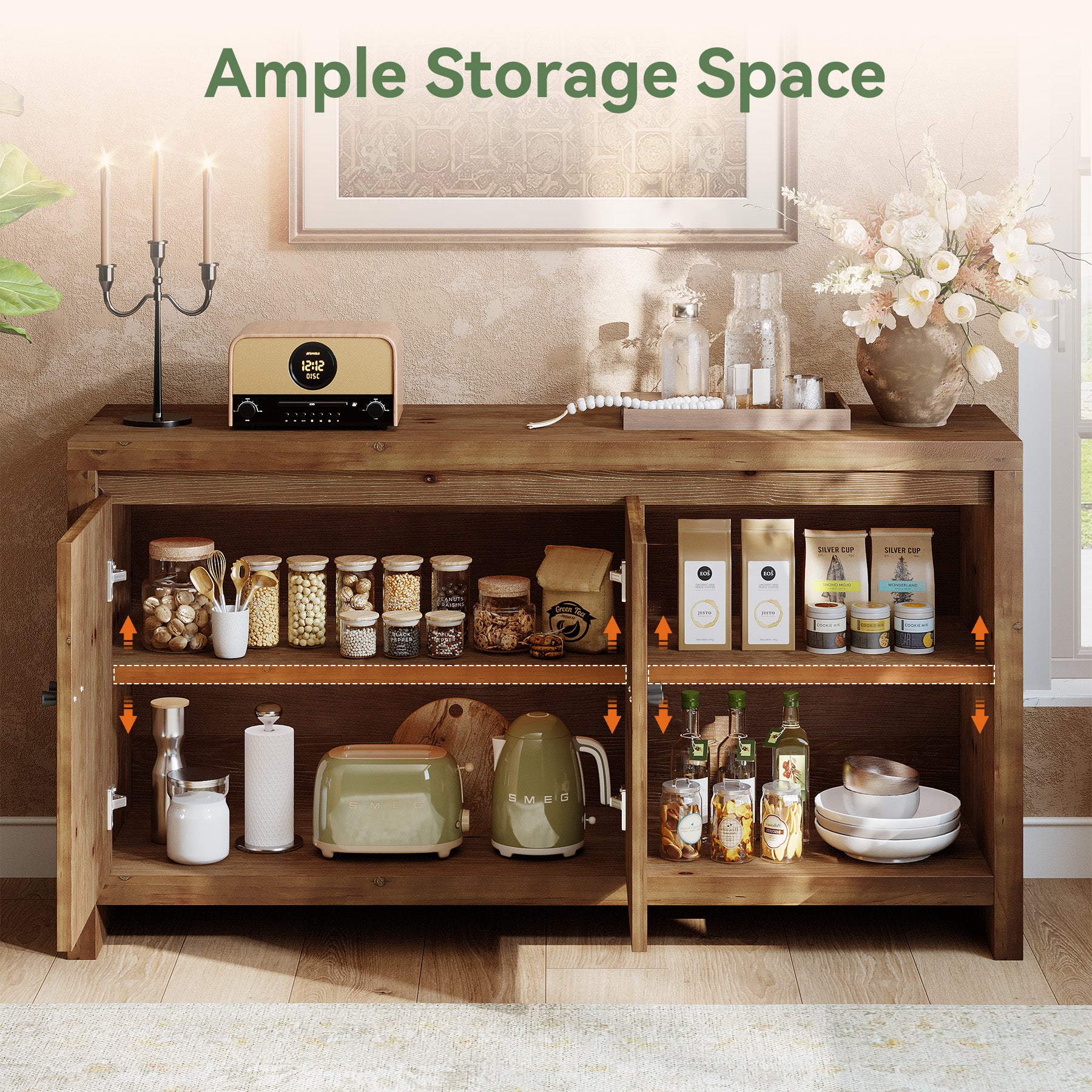 Solid Wood Buffet Sideboard, 55" Storage Cabinet with 2 Doors & Adjustable Shelves