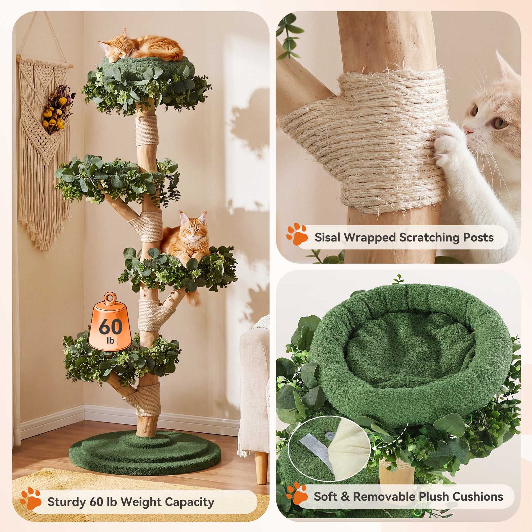 Solid Wood Cat Tree, 59.06" Tall Cat Tower with Sisal Scratching Posts, Washable & Removable Cushions