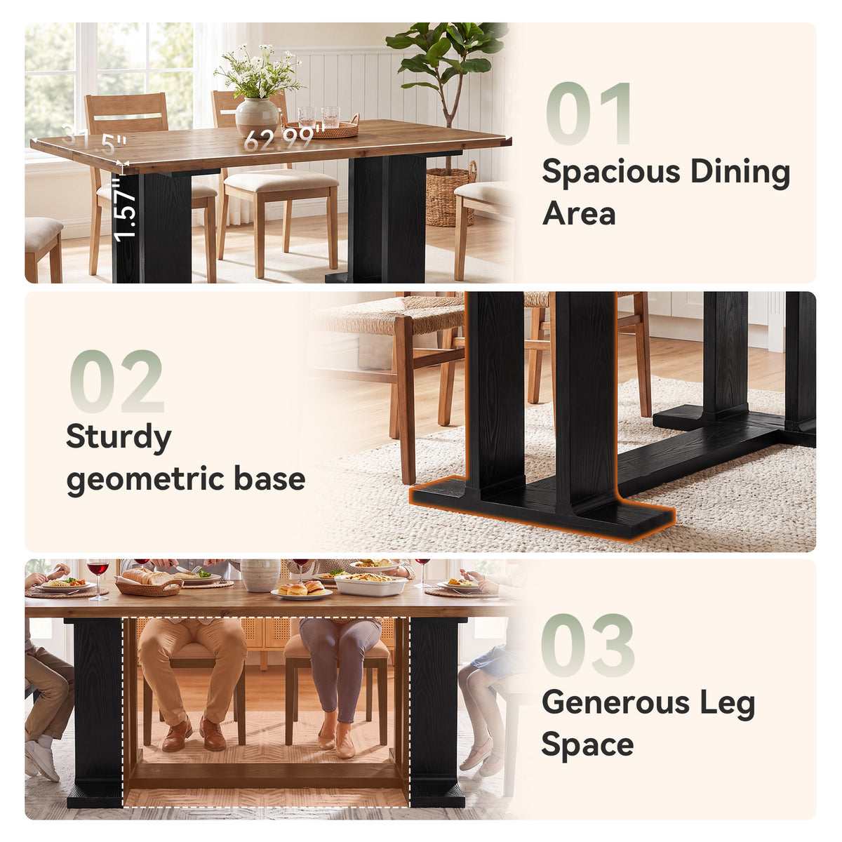 63" Farmhouse Solid Wood Dining Table for 4-6, Rectangular Kitchen Table