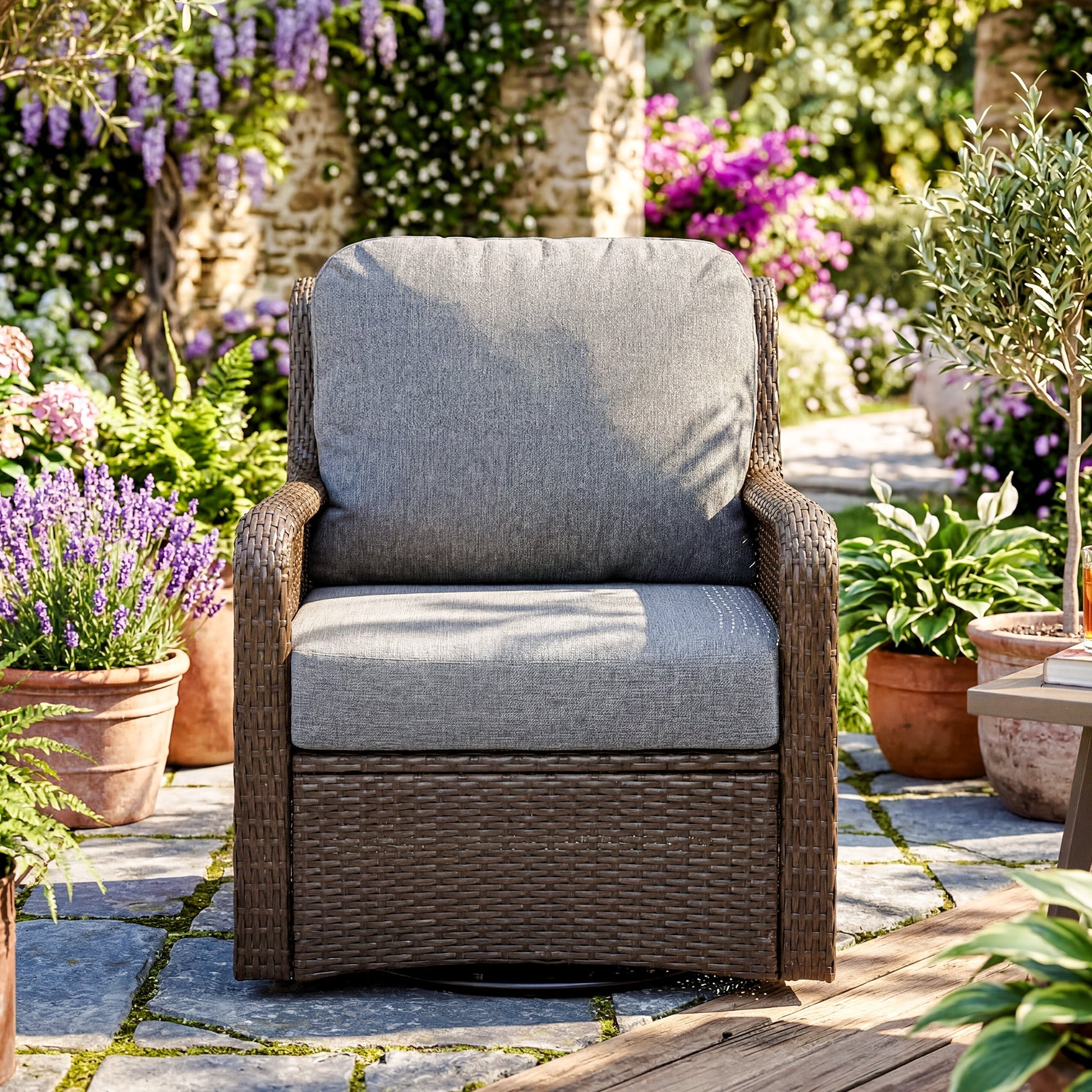 29.53" Outdoor Wicker Swivel Chair, Patio Rattan Rocking Chair with Thick Gray Cushions