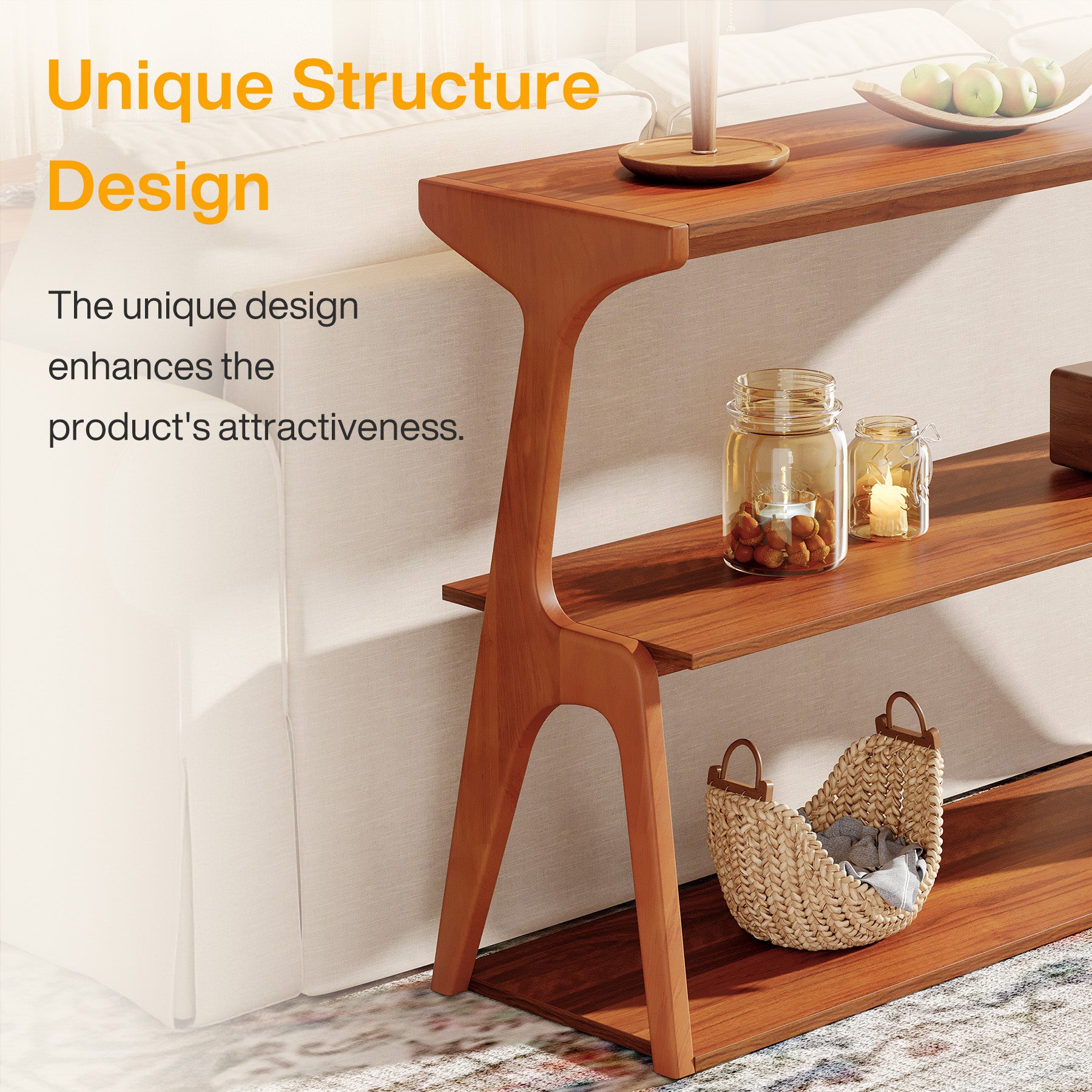 3-Tier Console Table, 47" Narrow Entryway Sofa Table with Solid Wood Legs