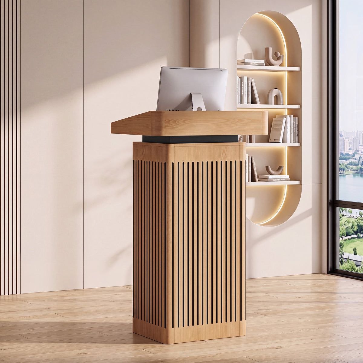 Small Reception Desk, Modern Front Counter Table with 2-Tier Shelf & Cable Hole for Office Salon