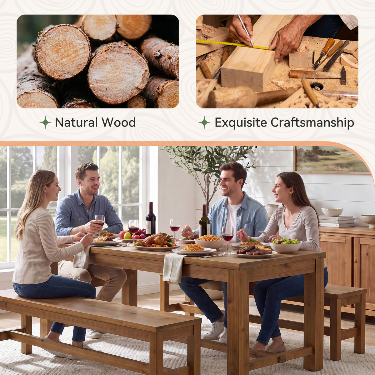55" Solid Wood Dining Table Set with 2 Benches, 3-Piece Kitchen Table Set for 4-6