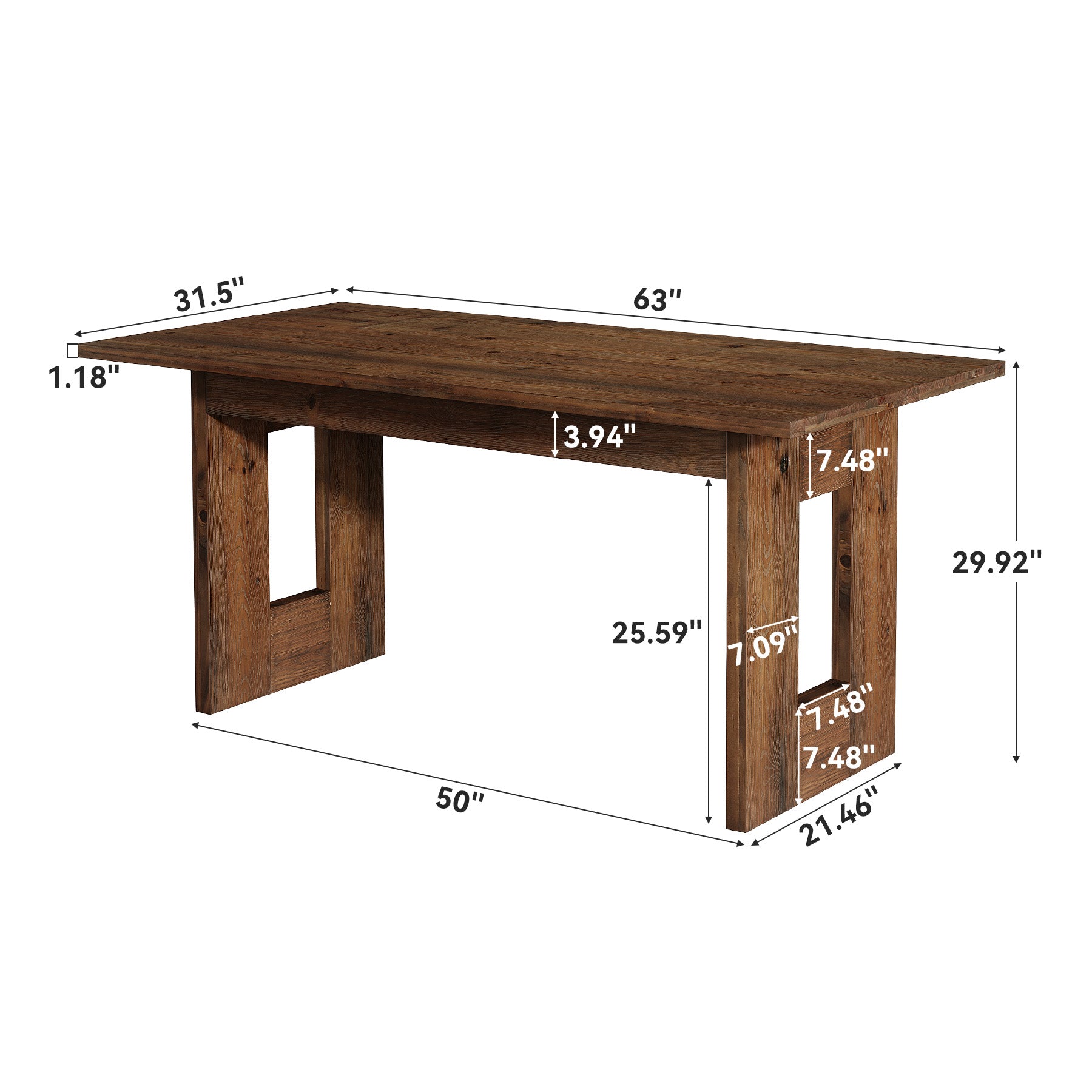 63" Solid Wood Dining Table, Rectangular Kitchen Table for 4-6 People with Thick Top