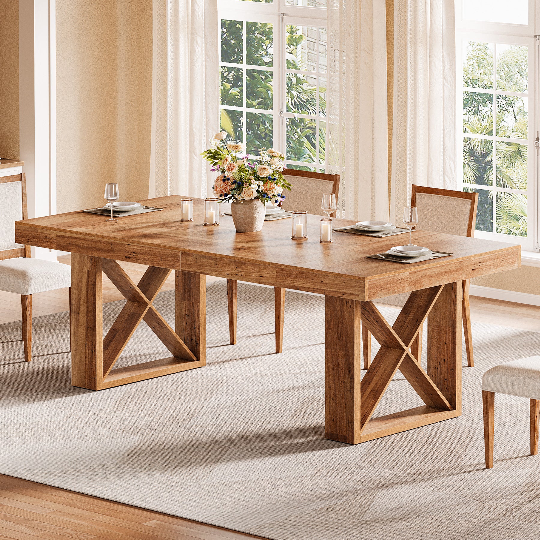 Rectangle Dining Table, 63" Farmhouse Kitchen Table for 4-6 People