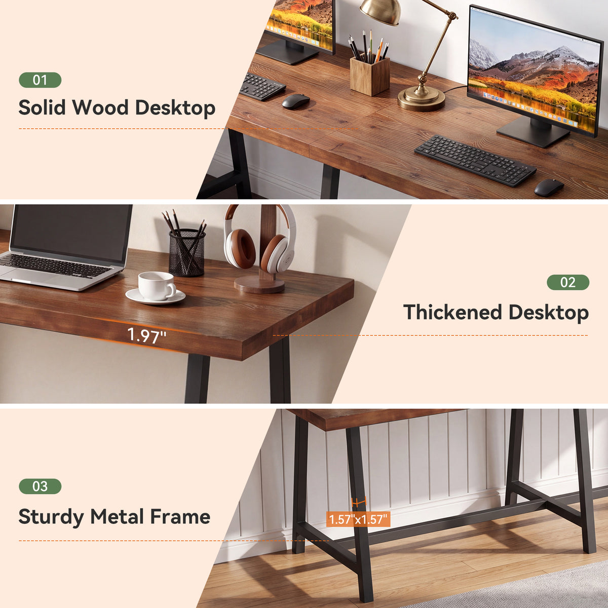 78.74" Solid Wood Two-Person Desk, Industrial Computer Executive Desk with Metal Legs