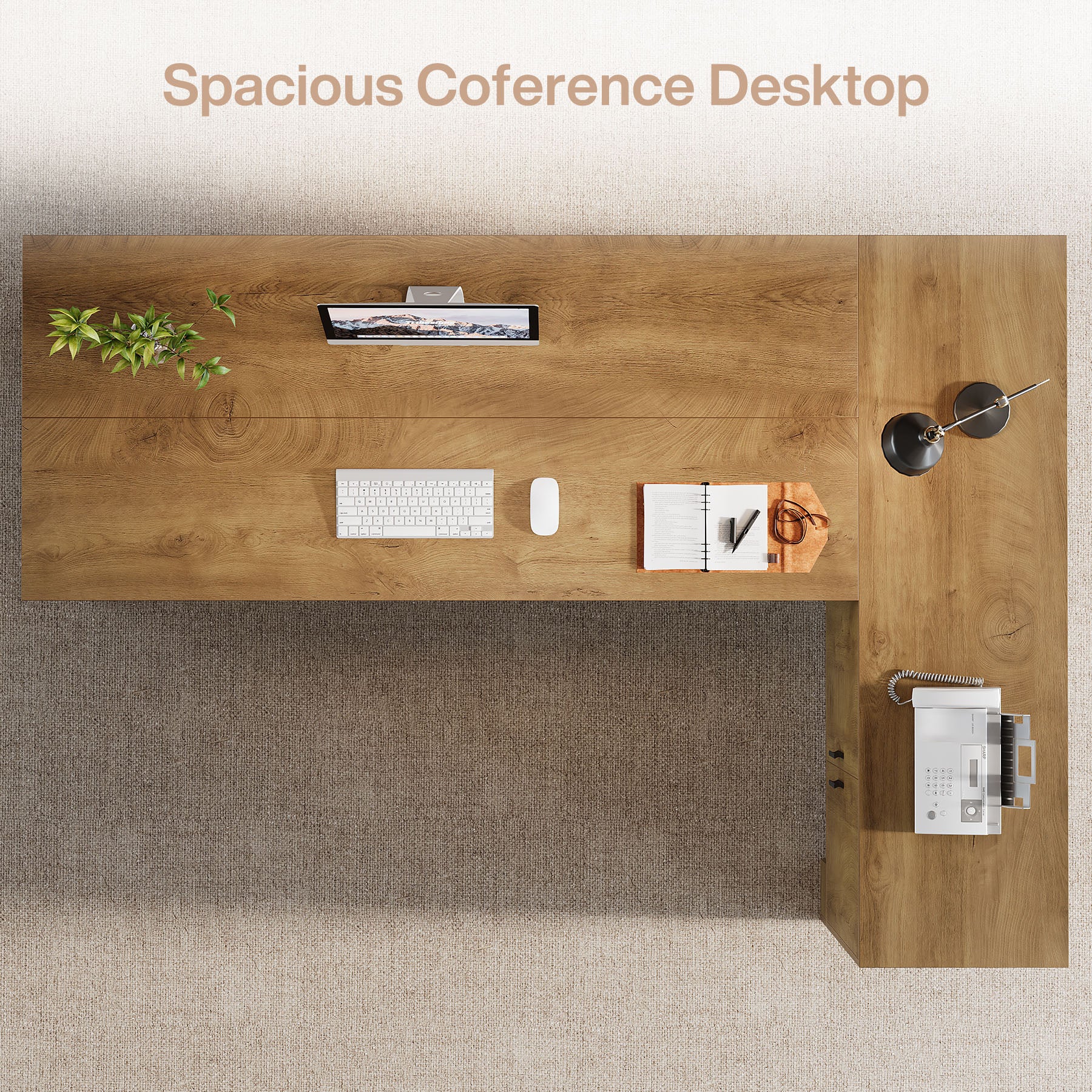 L-Shaped Executive Desk, 63" Office Desk with Storage Cabinet and 2-Tier Shelf