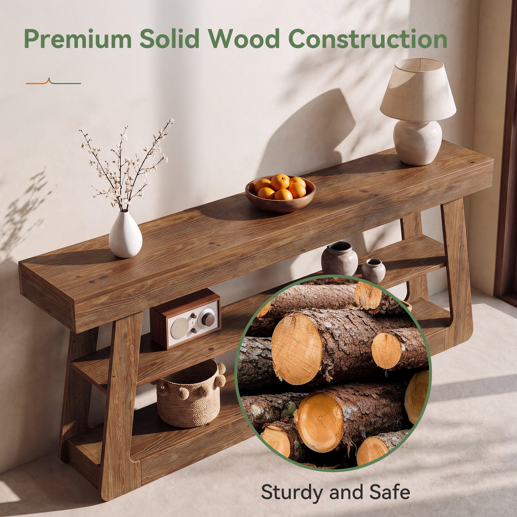 63" Solid Wood Console Table, 3-Tier Sofa Entryway Table with A-Shaped Frame for Hallway