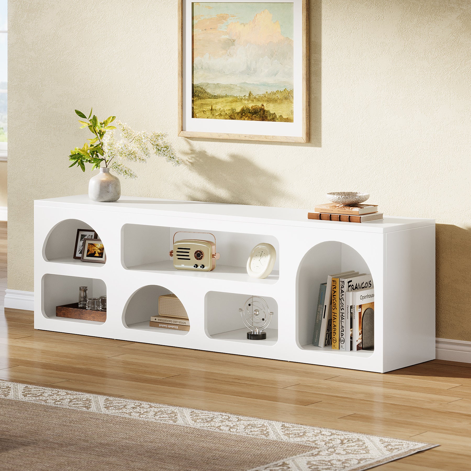 63" TV Stand for 60 to 70 Inch TVs, Modern White Media Console with 6 Open Shelves