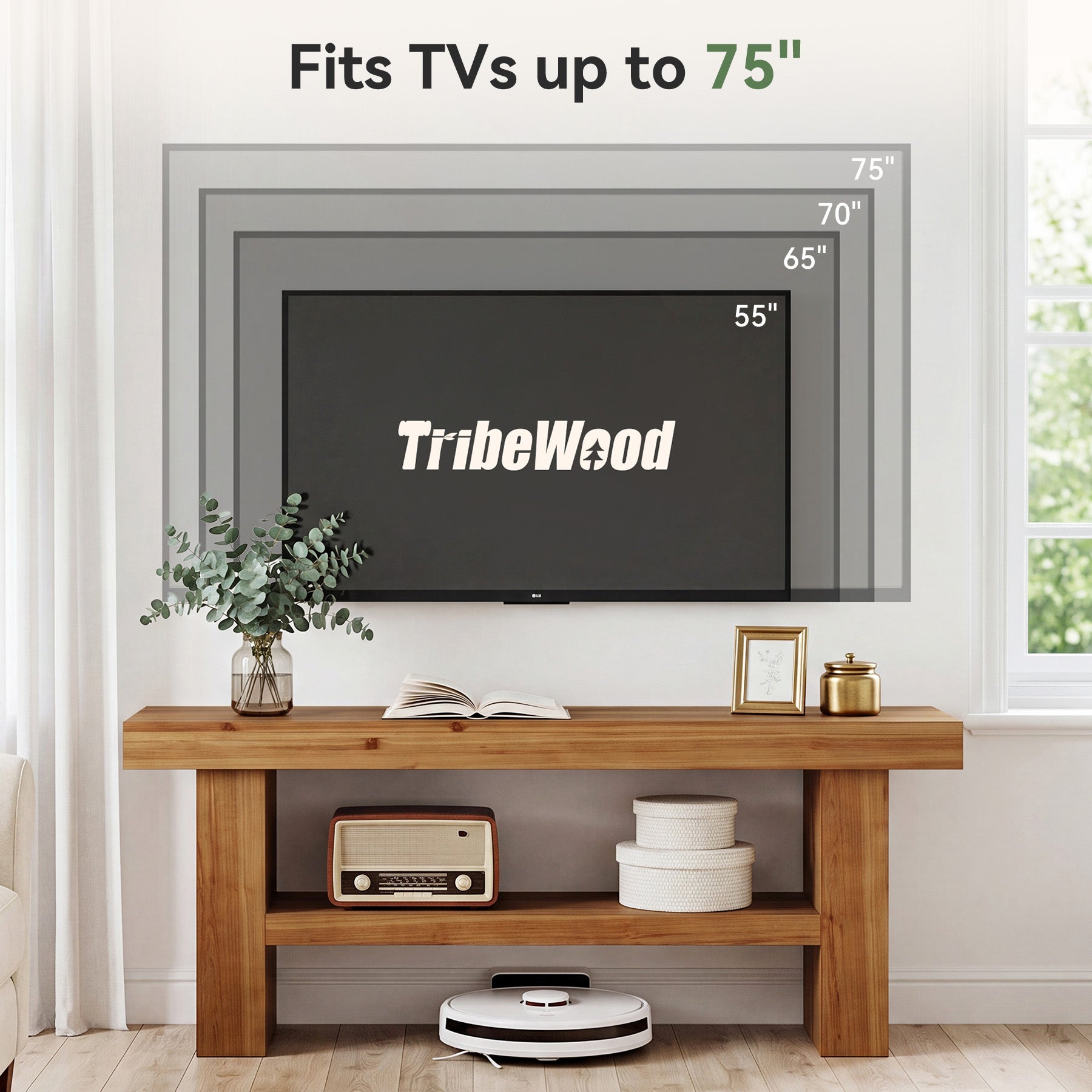 63" Solid Wood TV Stand for TVs up to 75", Entertainment Center with 2-Tier Shelves for Living Room