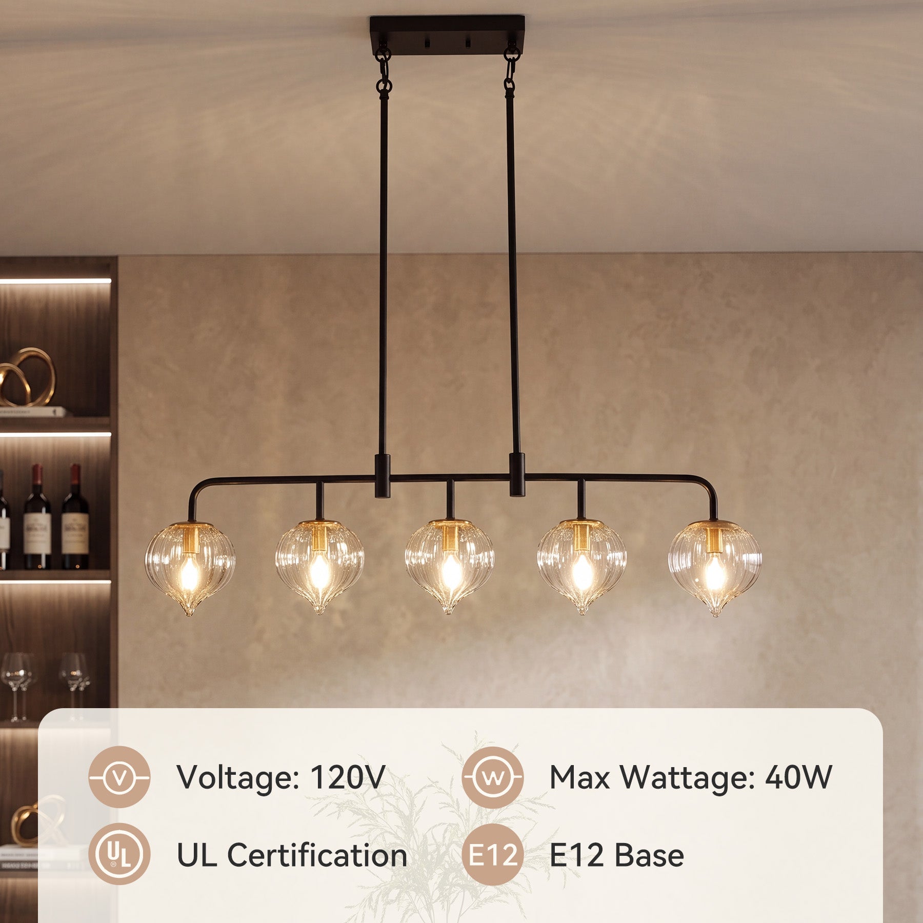 5-Light Pendant Light, Linear Kitchen Island Light Fixture with Adjustable Downrods & Clear Ribbed Glass Shades