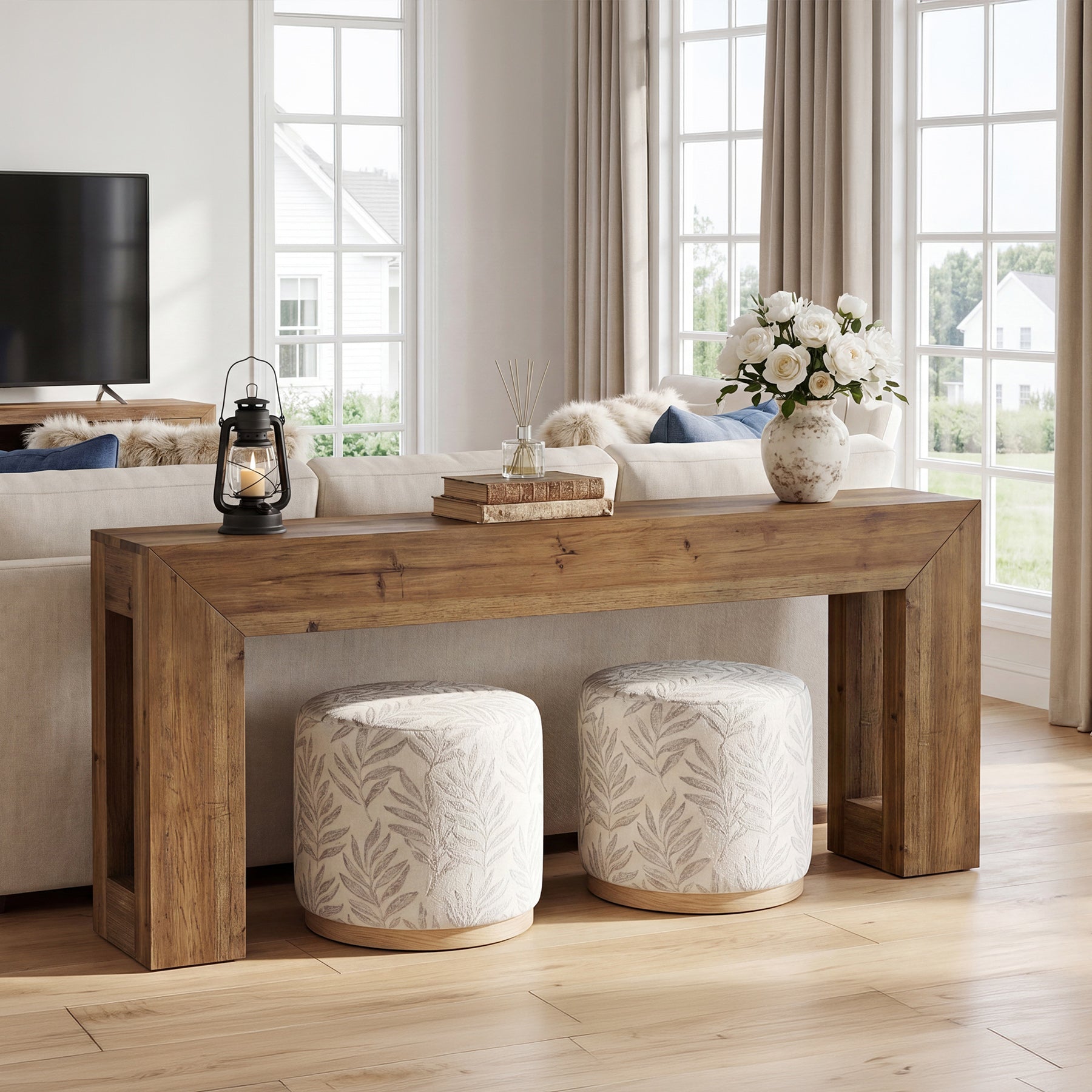 63-Inch Solid Wood Console Table with Geometric Frame, Natural Farmhouse Entryway Table