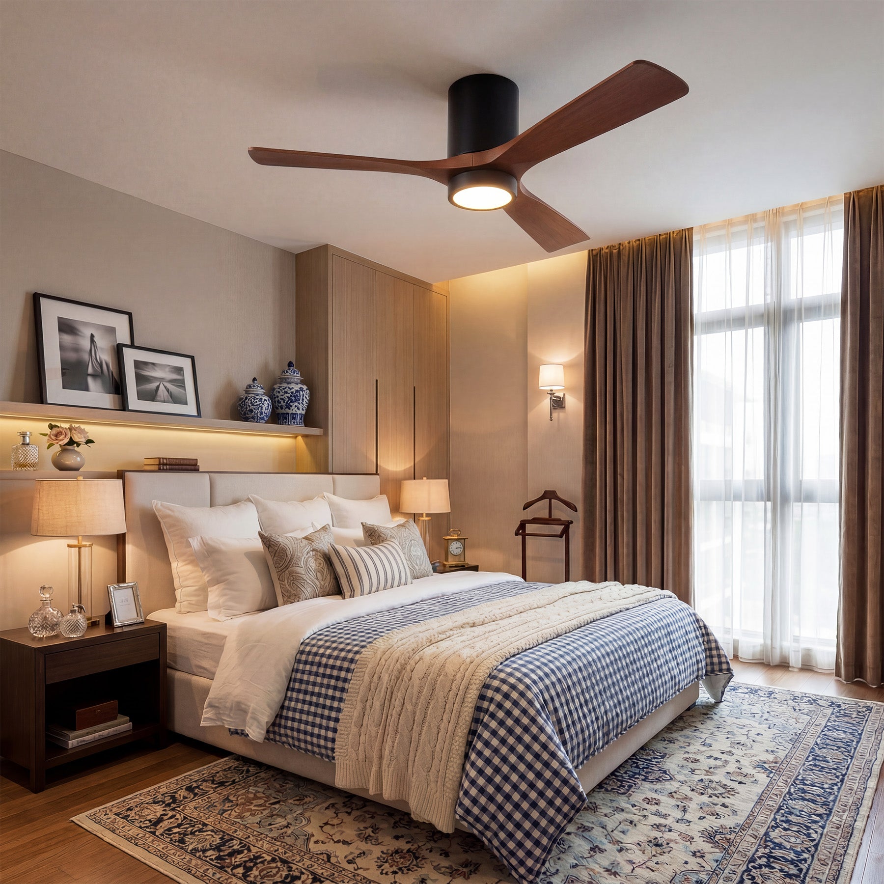 52" Ceiling Fans with Lights & Remote Control, 3 Solid Wood Blades