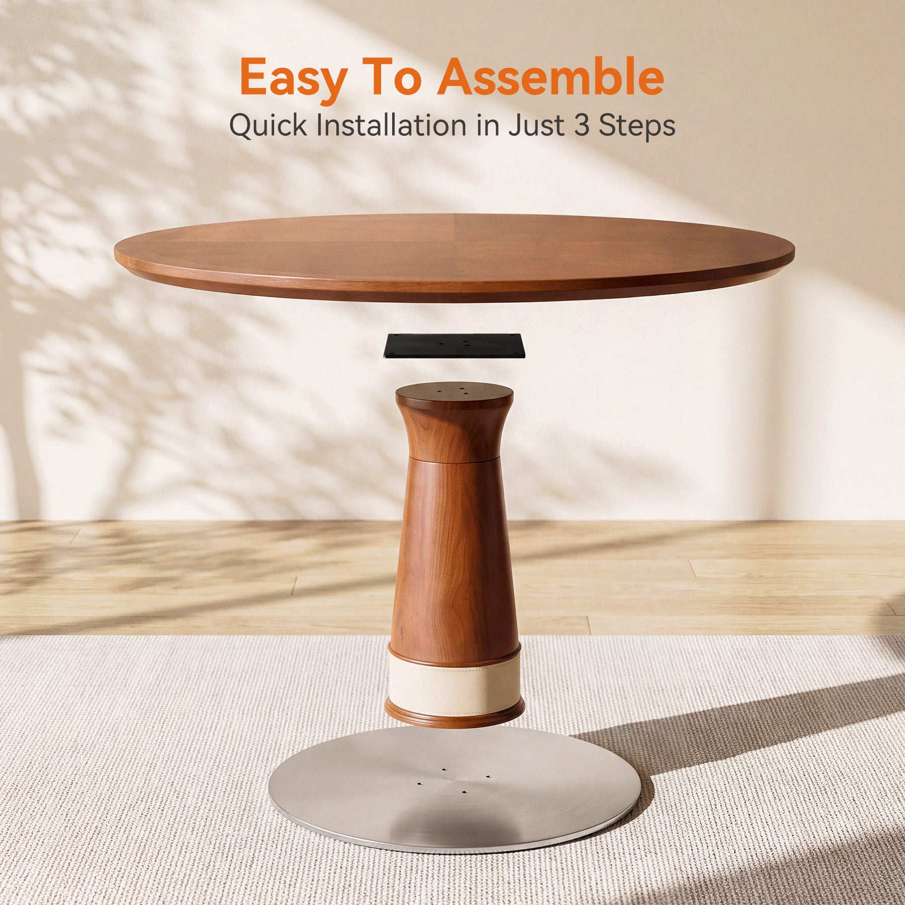 47" Round Dining Table for 4-6, Solid Wood Mid-Century Modern Kitchen Table, Stainless Steel Pedestal Base