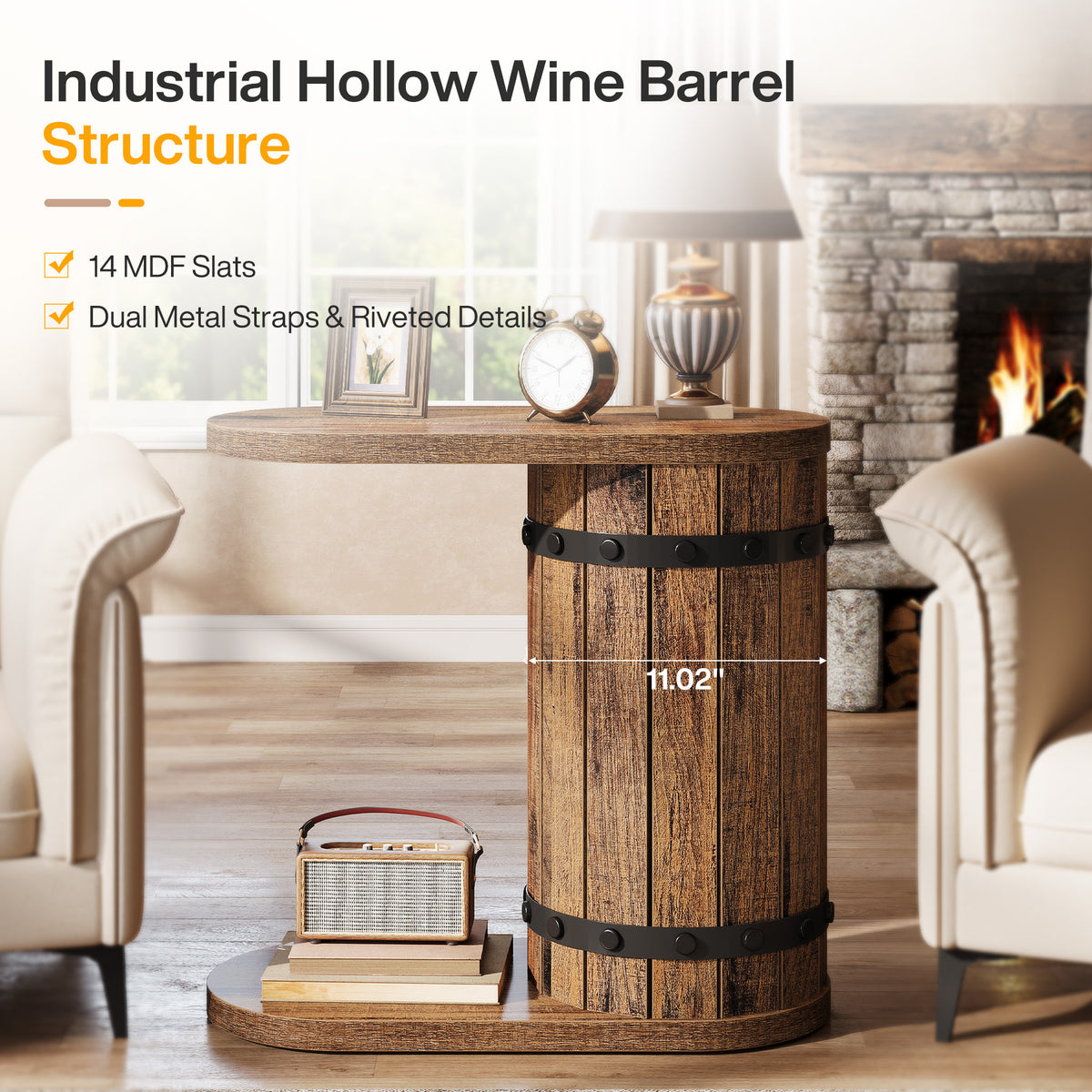 24" Barrel C-Shape Side Table, 2-Tier End Table, Narrow Nightstand for Couch, Living Room