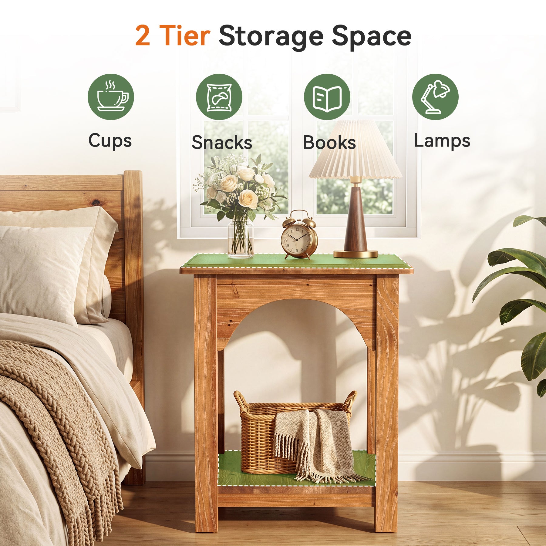 Farmhouse End Table with Storage, Solid Fir Wood 2-Tier Side Table, Living Room