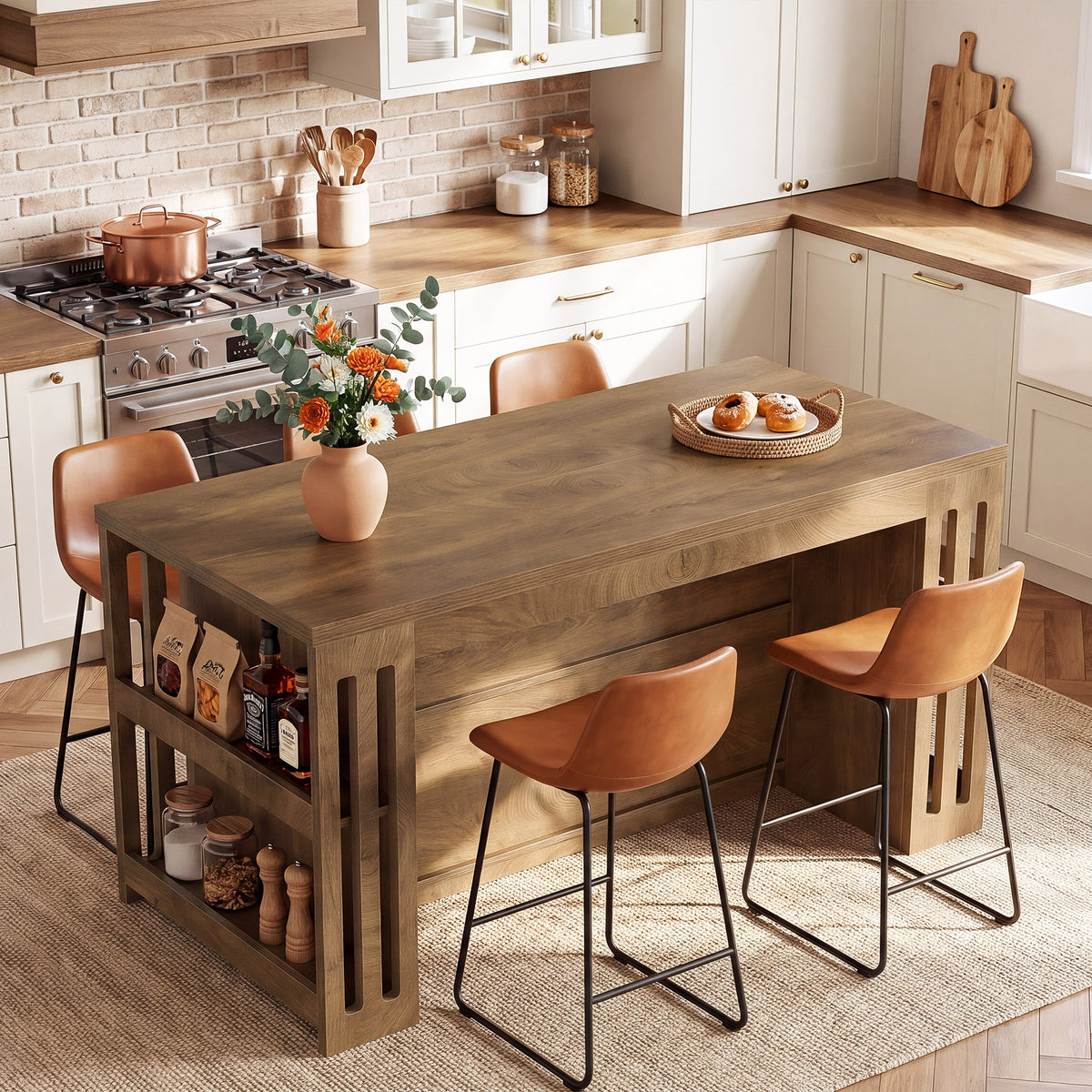 63" Farmhouse Kitchen Island with Storage Shelves, Counter Height Island Table