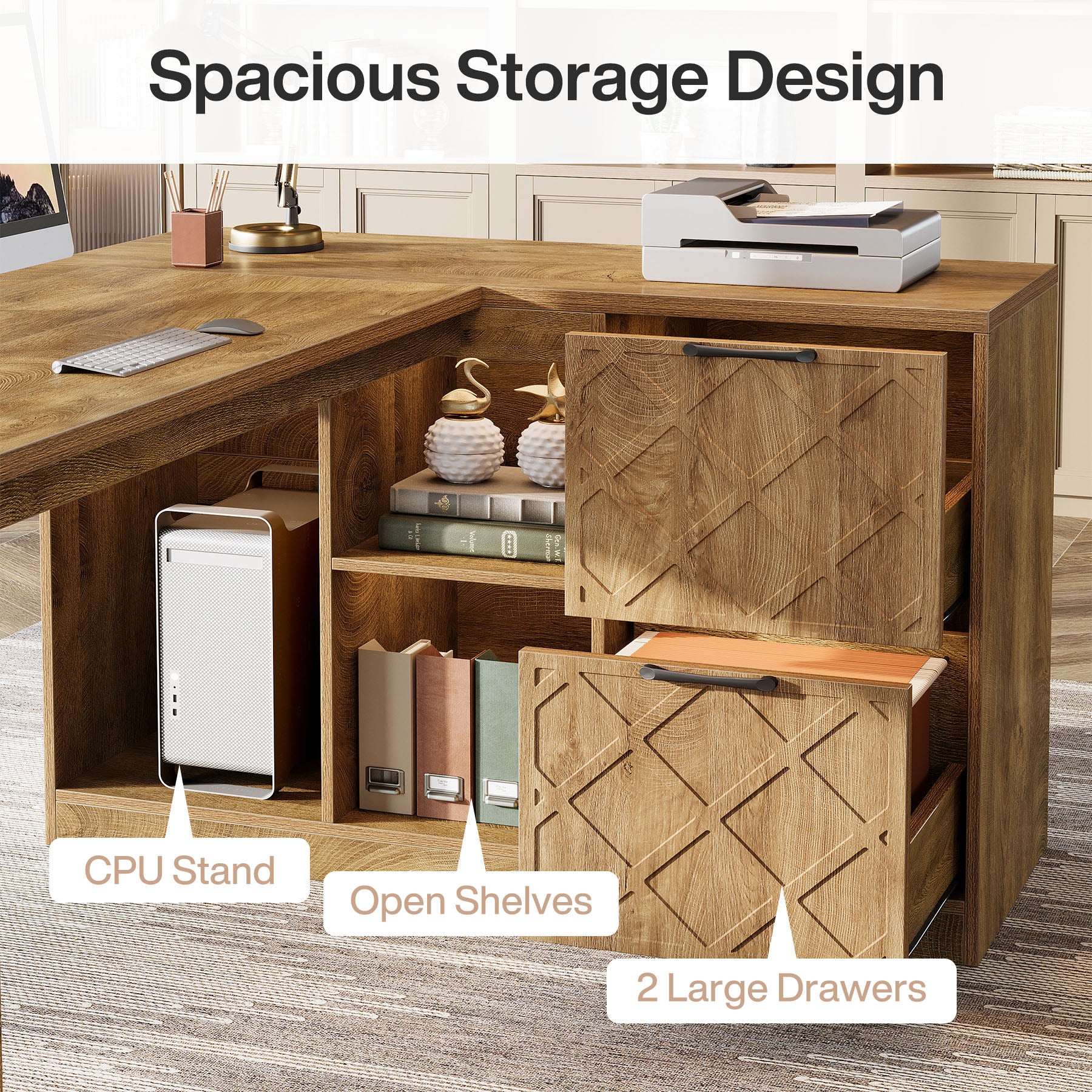 L-Shaped Executive Desk,  63" Office Desk with File Cabinets and Shelves