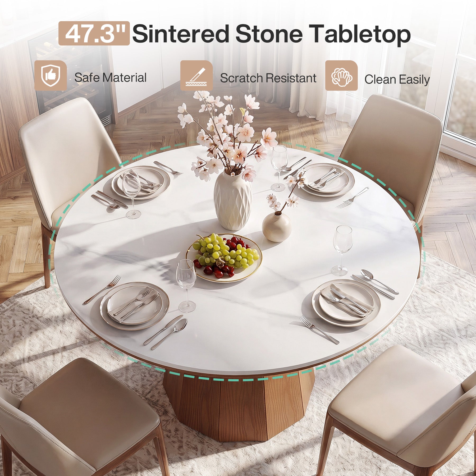 47” Round Sintered Stone Dining Table, Solid Wood Kitchen Dinner Table for 4-6