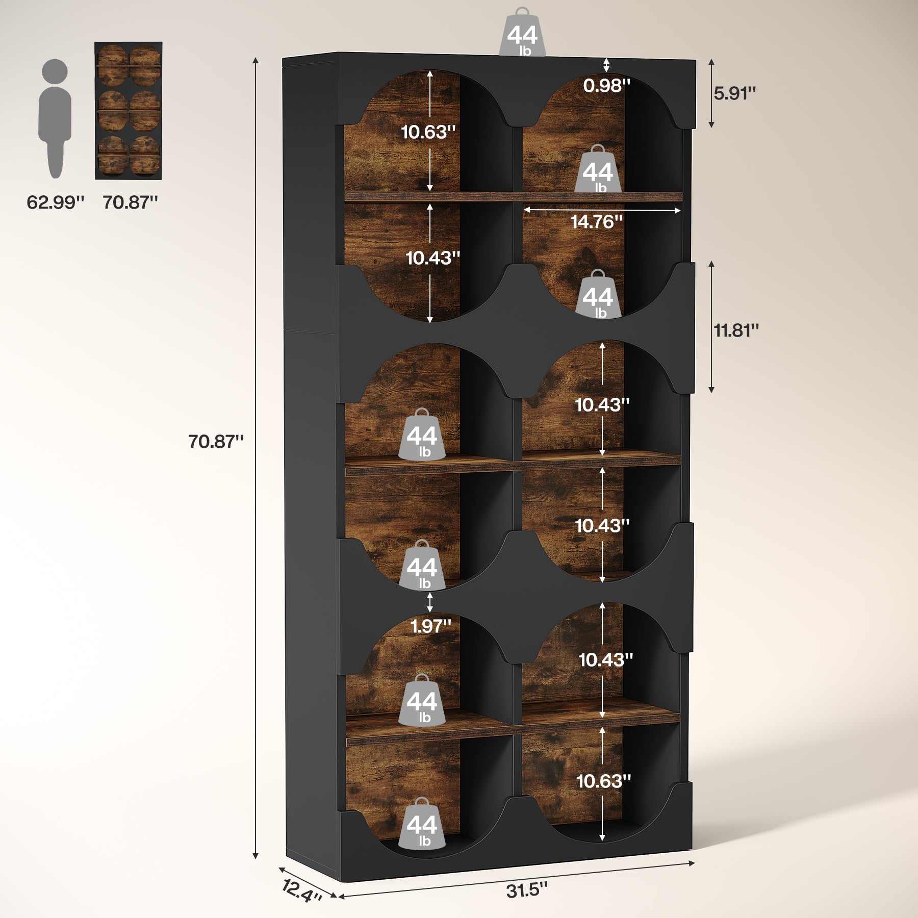 70.8" Bookshelf, 6-Tier Freestanding Bookcase with Half Round Edges