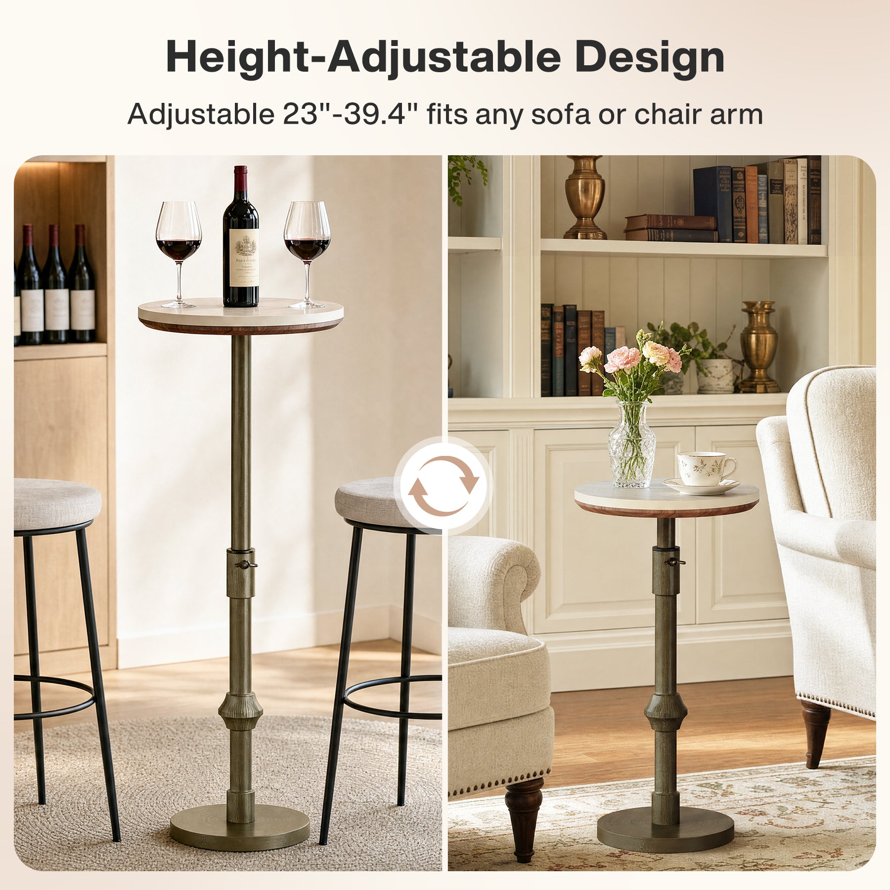 Adjustable-Height End Table with Travertine Top and Antique Brass Stand Base