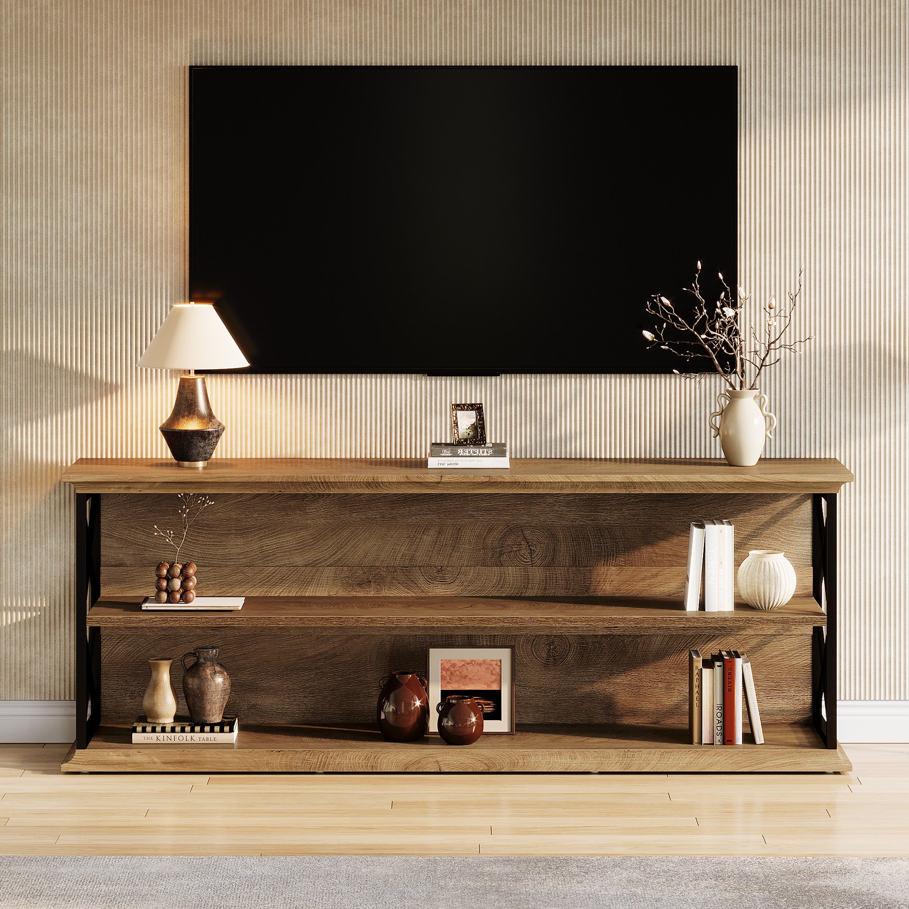 63" Industrial TV Stand for 55–75 Inch TVs, Wood & Metal Entertainment Center with 3-Tier Open Shelves