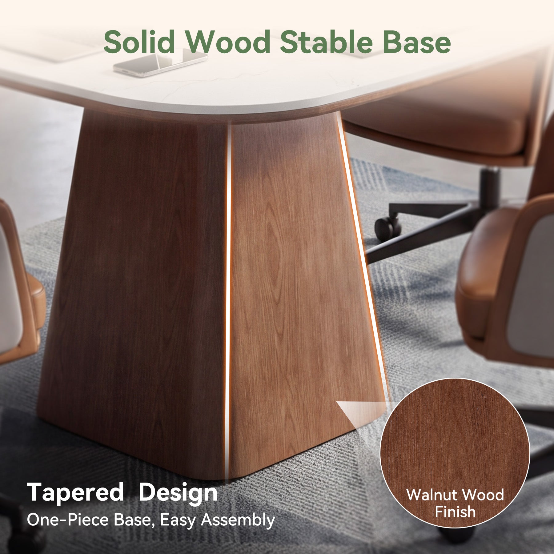35.4" Conference Table with Sintered Stone Top, Small Square Meeting Table, Solid Wood Base