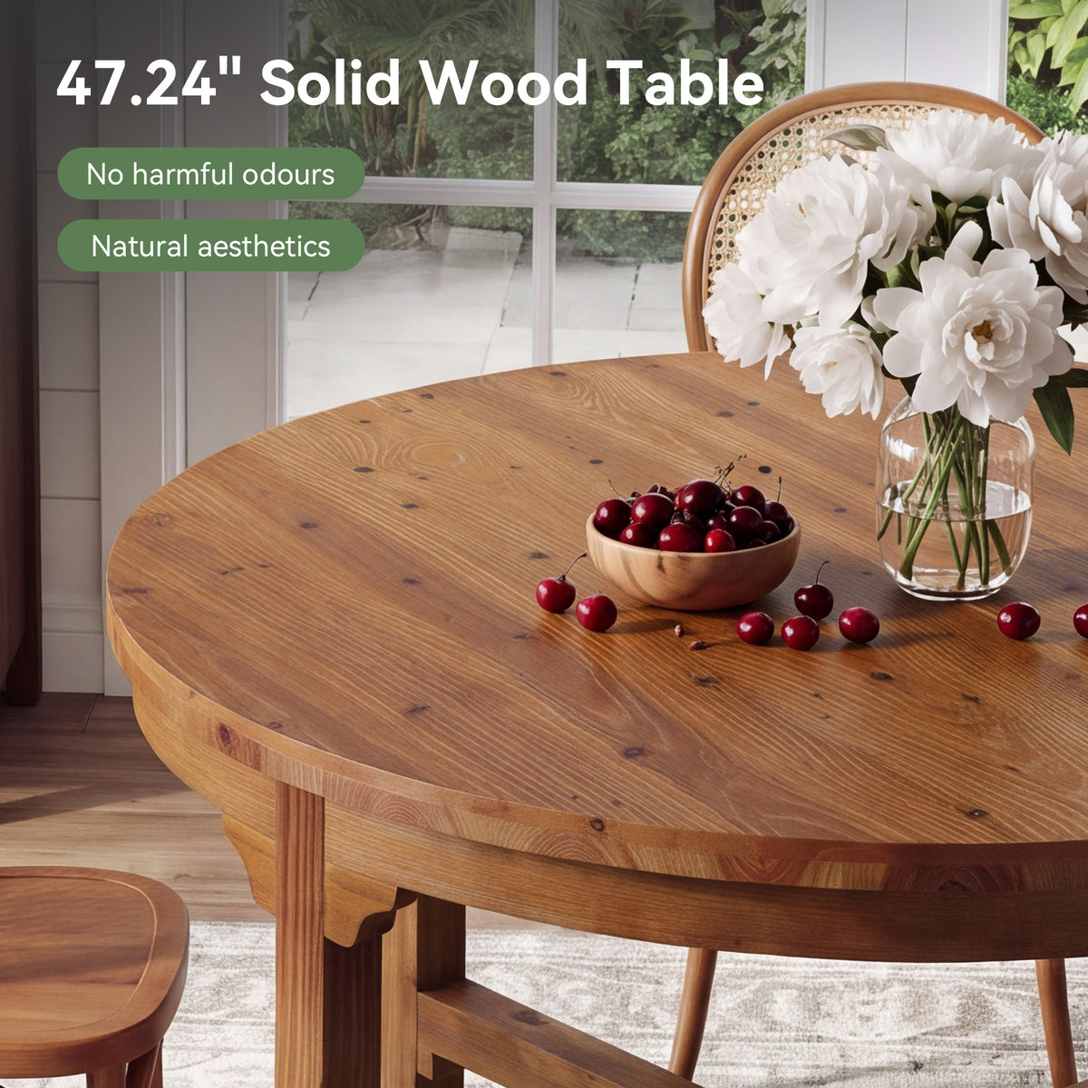 Solid Wood Round Dining Table, 47" Farmhouse Kitchen Table with Cross Base for 4