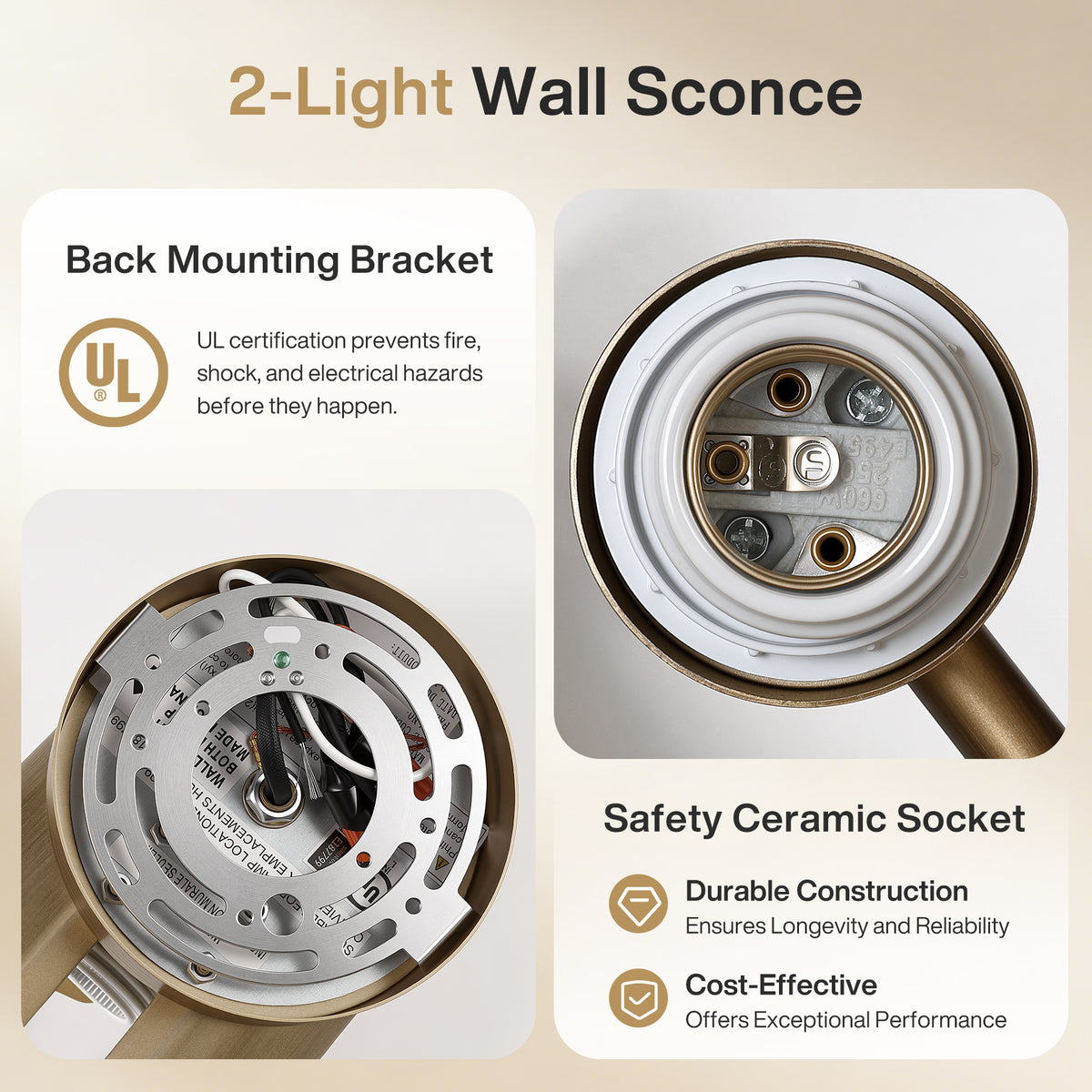 2‑Light Cylinder Wall Sconce, Brushed Antique Brass Wall Light with Frosted Glass Shade