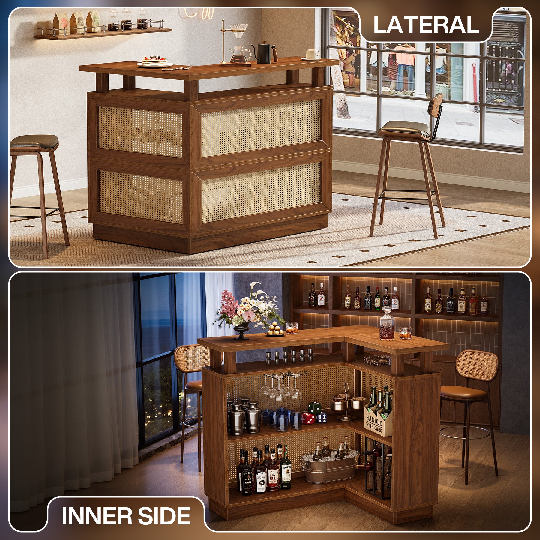 L-Shaped Home Bar Unit, Rattan Bar Table Liquor Cabinet with 4-Tier Storage Shelf