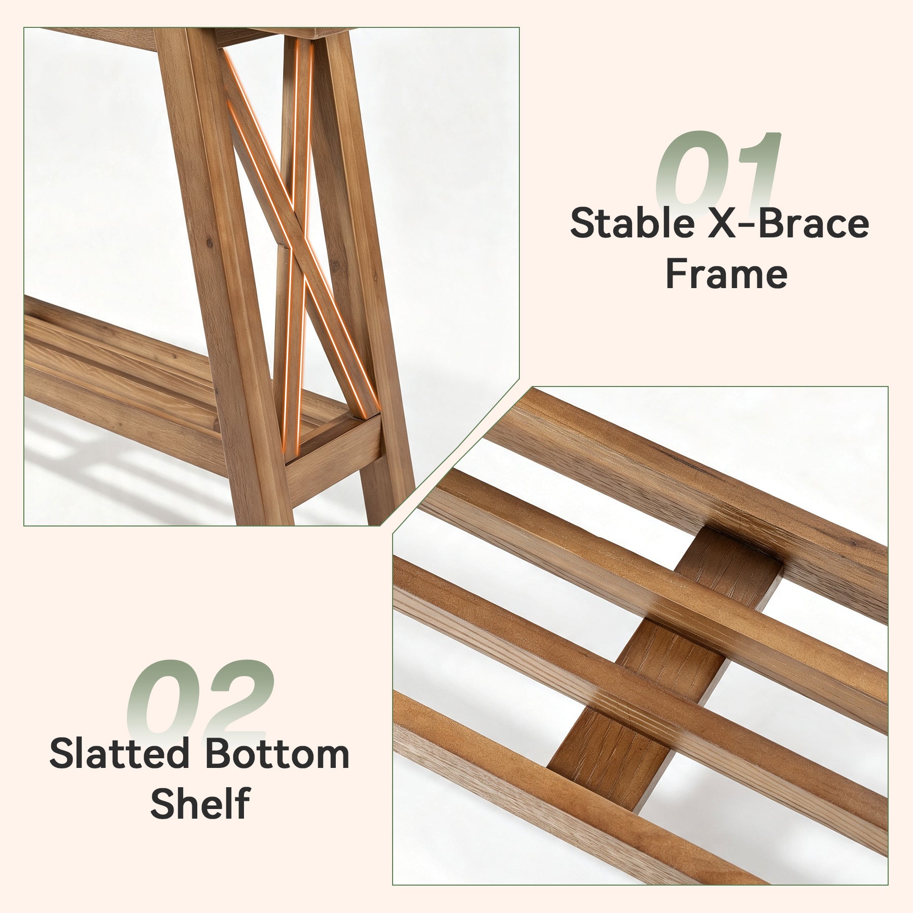 63" Console Table with Storage, Solid Wood X-Brace Sofa Table, 2-Tier Entryway Table