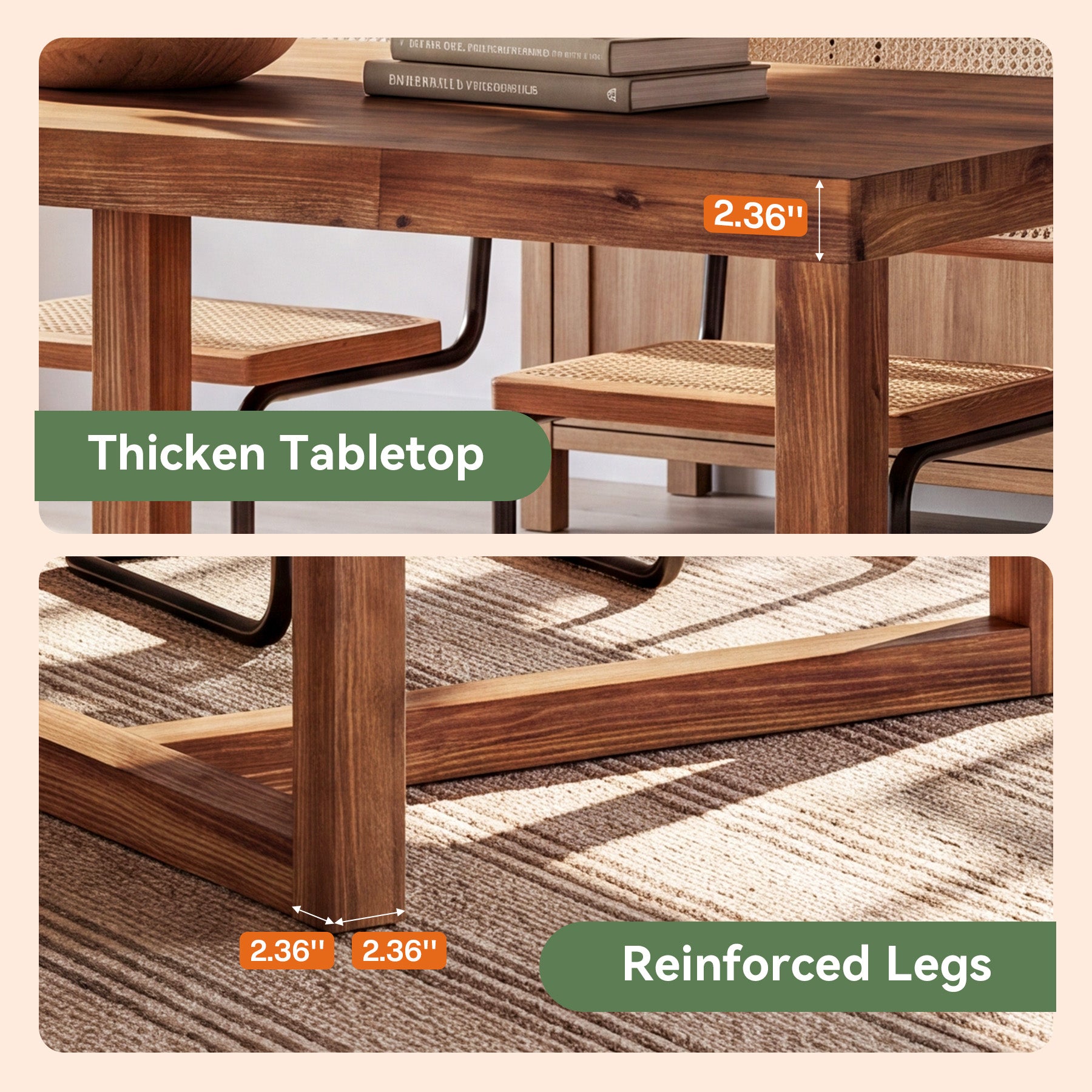71" Farmhouse Dining Table for 6-8, Solid Wood Rectangle Kitchen Table, Dining Room