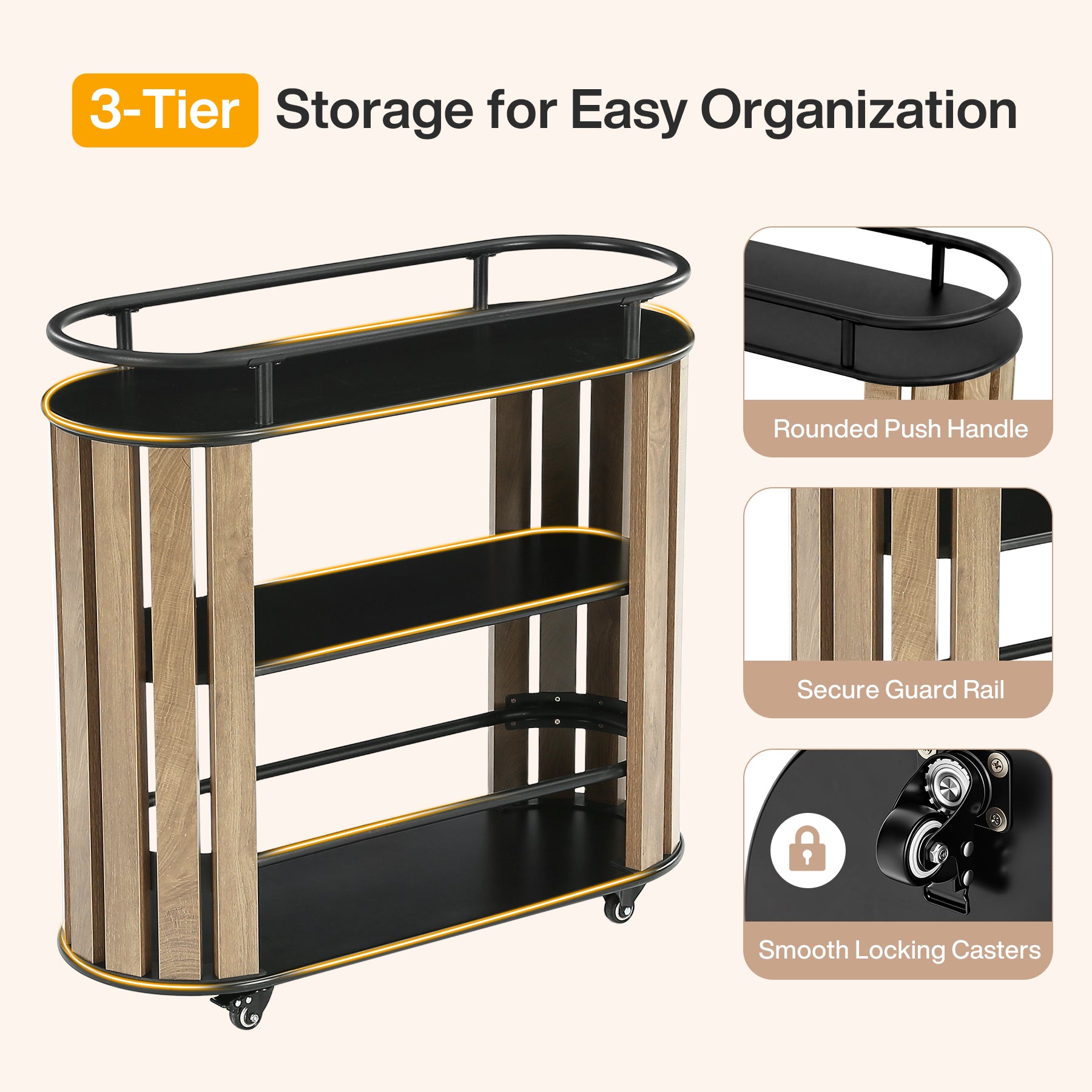 Tribesigns 35.43-Inch 3-Tier Bar Cart with Wheels and Metal Frame, Industrial Rolling Serving Cart for Kitchen