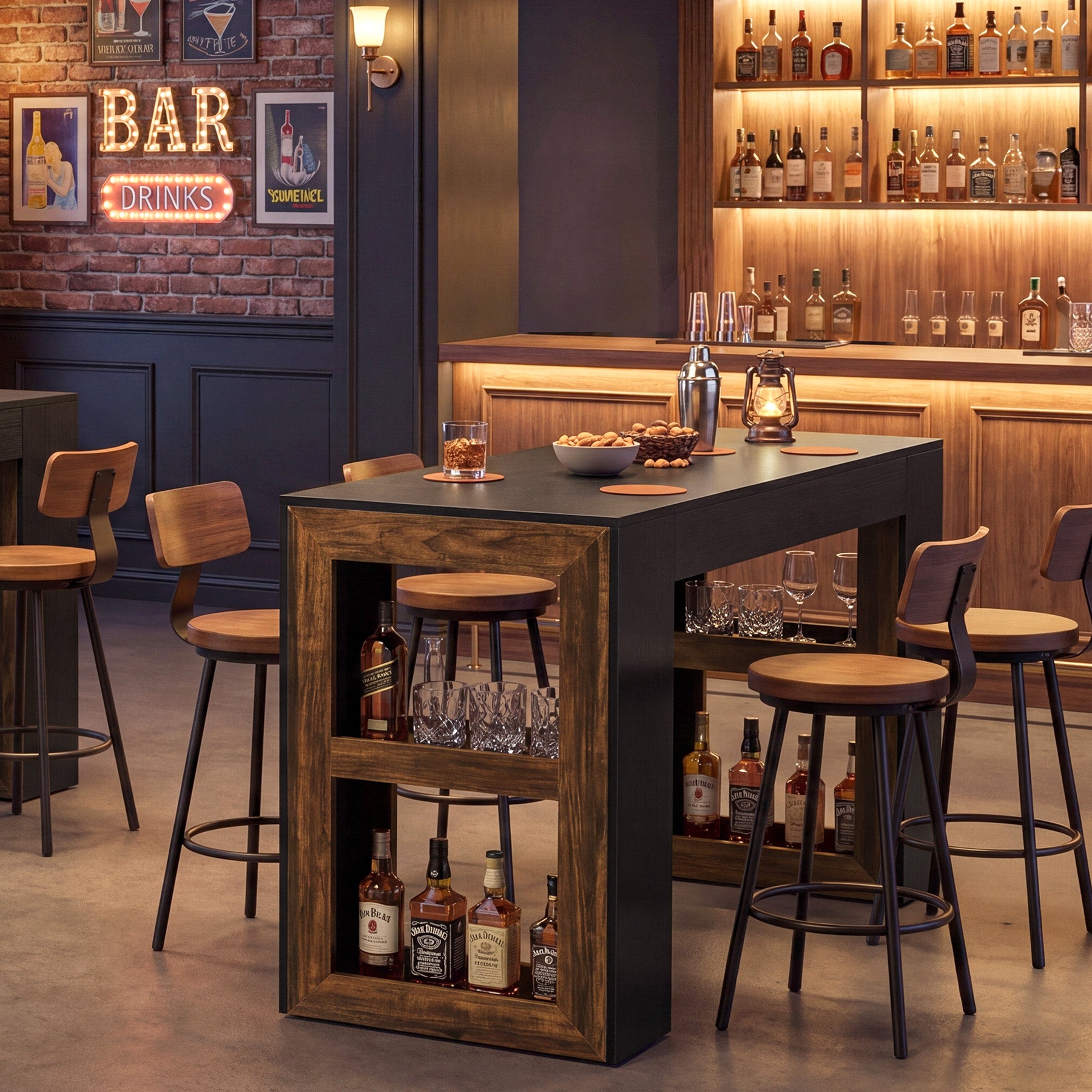 63" Counter Height Bar Table with Storage Shelves, Industrial Pub Table for Kitchen, Dining Room & Home Bar