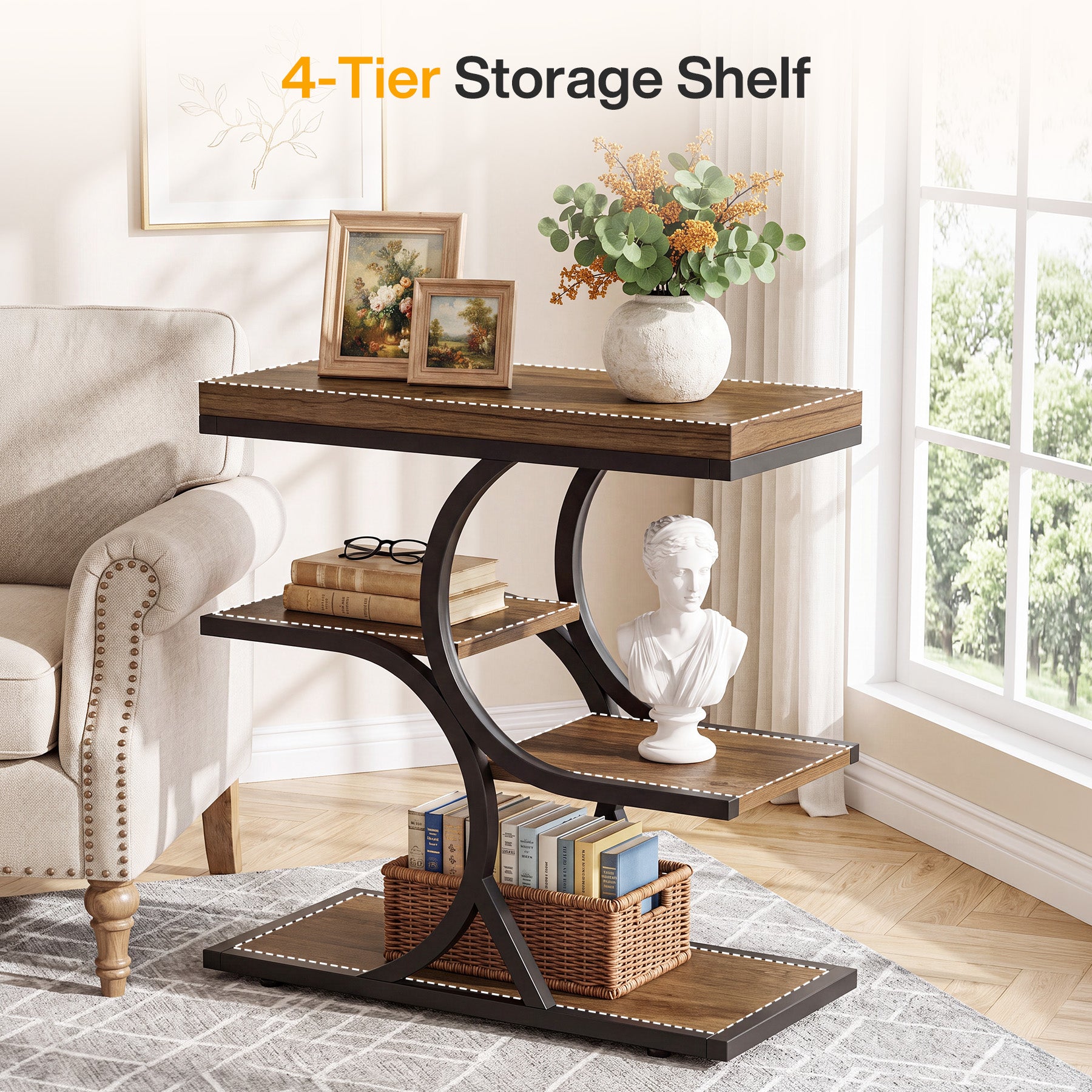 23.62" End Table with 4-Tier Shelf, Narrow Side Table with Metal Frame for Small Spaces