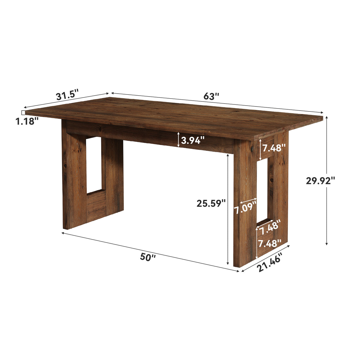 63" Rustic Solid Wood Computer Desk, Heavy Duty Writing Desk, Home Office Workstation