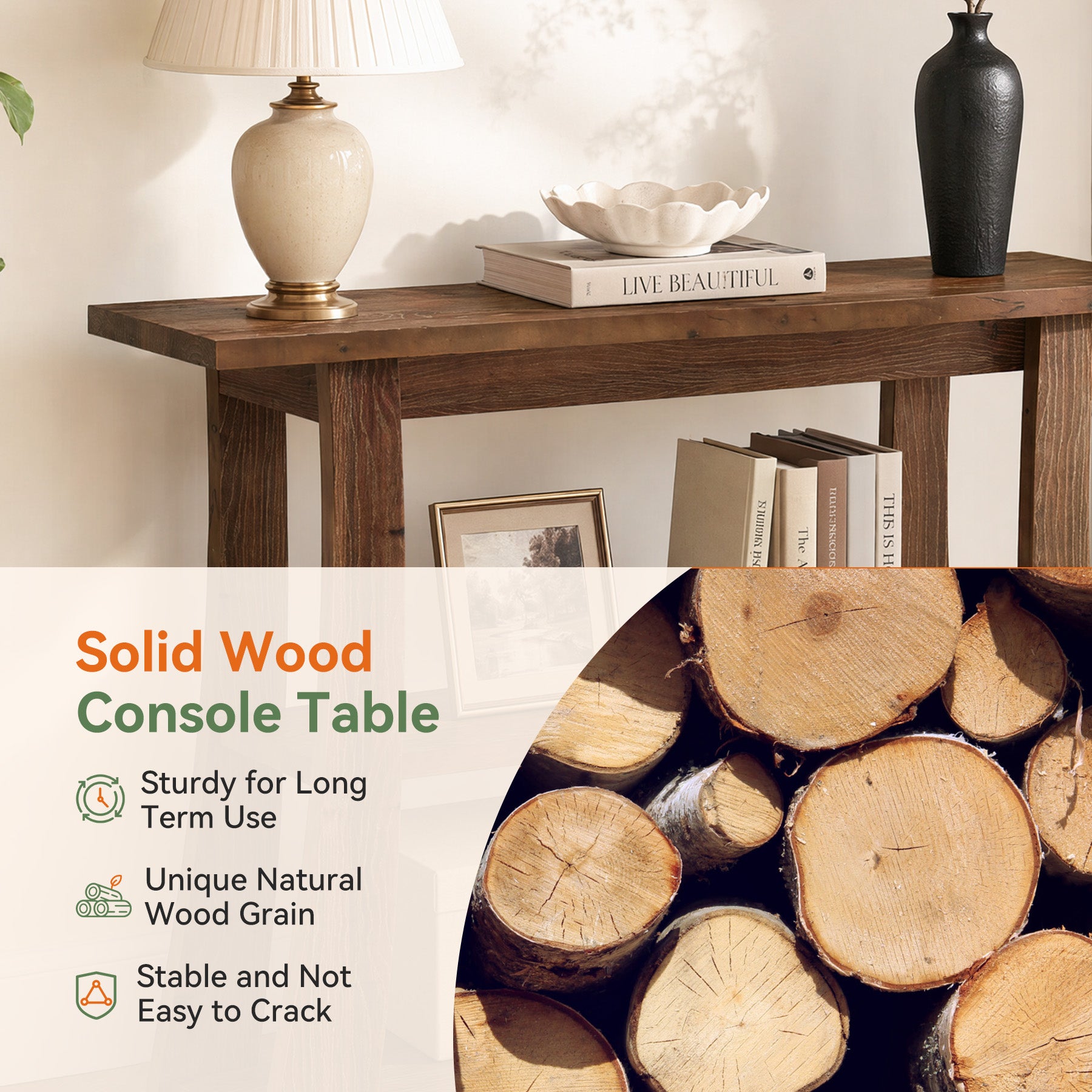 41" Solid Wood Console Table, 3-Tier Narrow Entryway Sofa Table for Living Room Hallway